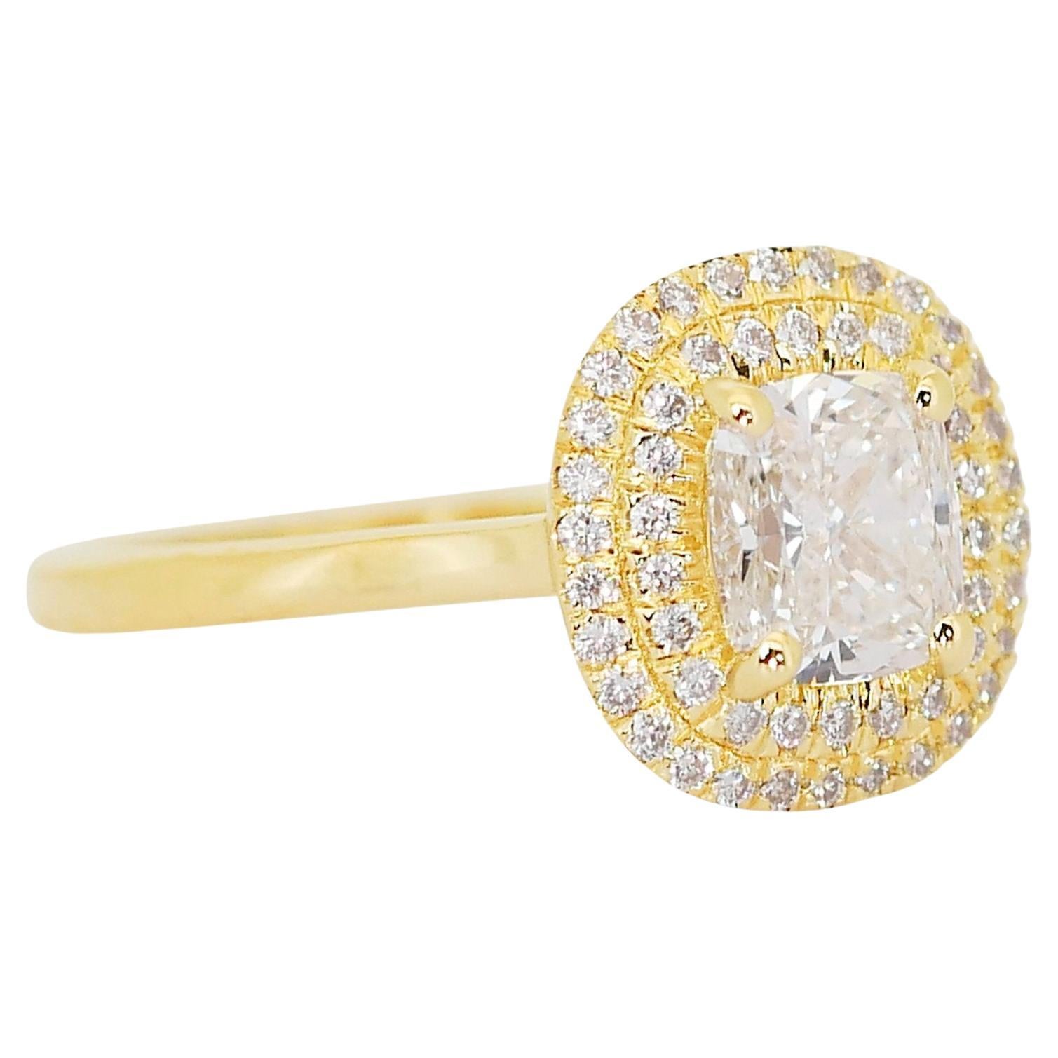 Majestic 1.78ct Diamond Halo Ring in 18k Yellow Gold - GIA Certified

Elevate your elegance with this exquisite diamond halo ring, crafted in lustrous 18k yellow gold. The centerpiece is a magnificent cushion-cut diamond, boasting 1.52 carats of