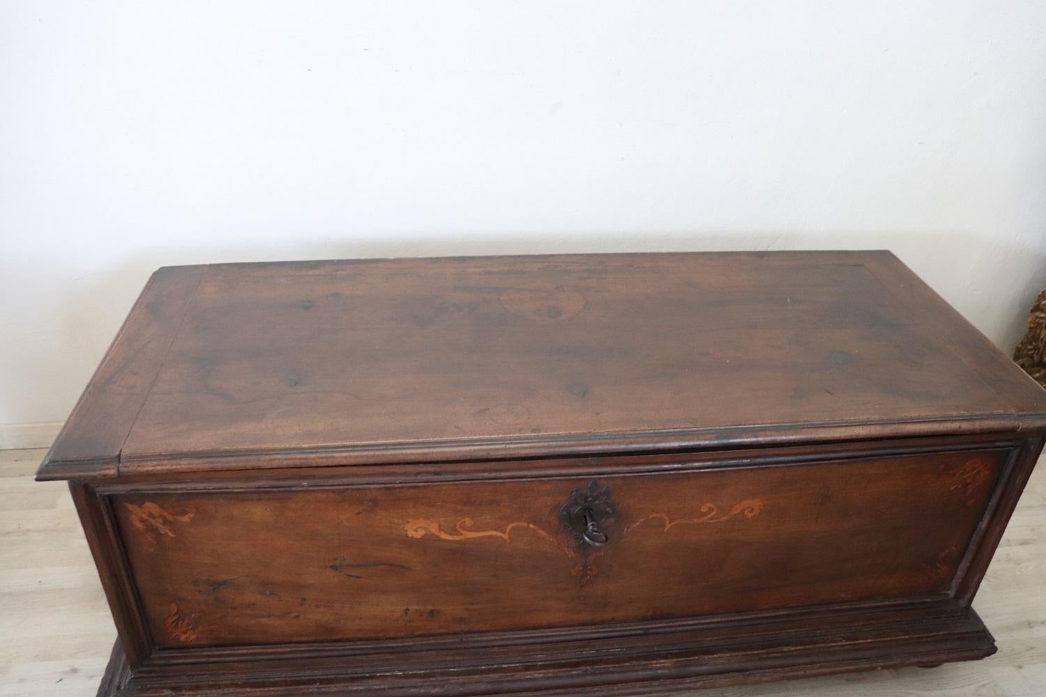 Inlay Majestic 17th Century Italian Inlaid Solid Walnut Antique Blanket Chest Restored For Sale