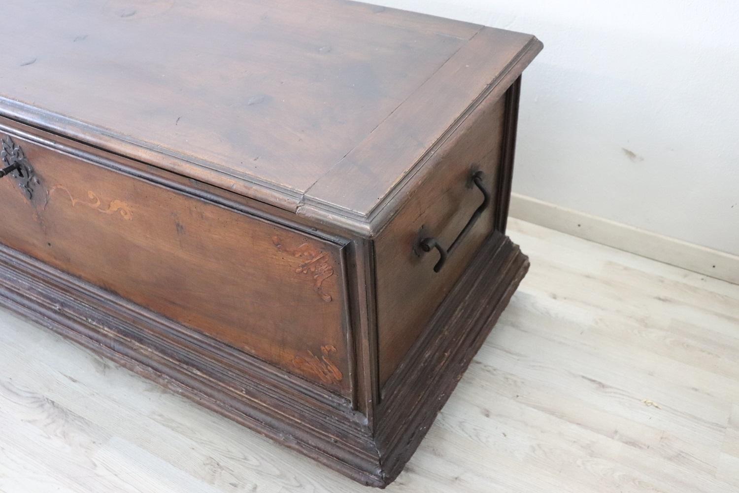 Majestic 17th Century Italian Inlaid Solid Walnut Antique Blanket Chest Restored For Sale 2