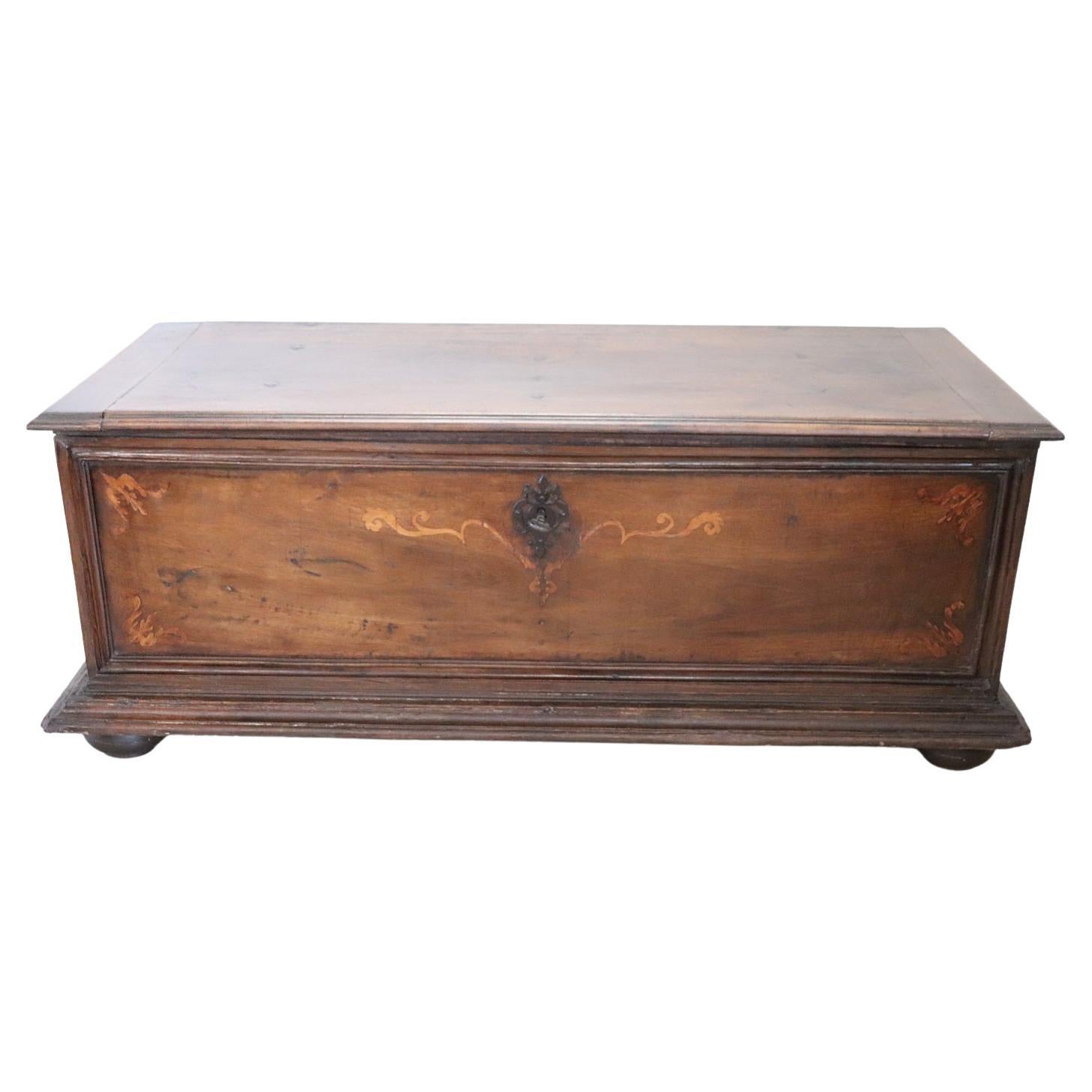 Majestic 17th Century Italian Inlaid Solid Walnut Antique Blanket Chest Restored For Sale