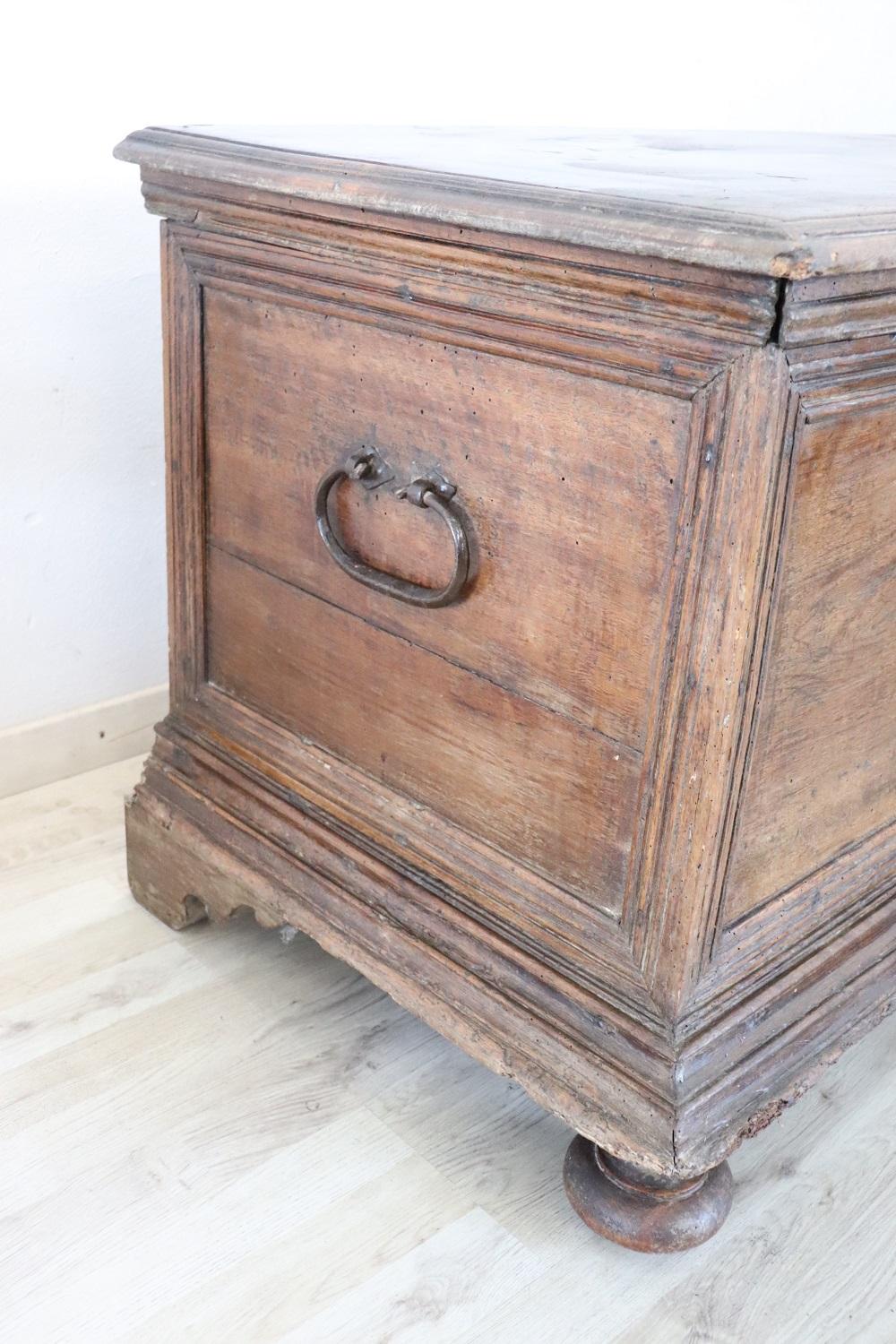 Mid-17th Century Majestic 17th Century Italian Solid Walnut Antique Blanket Chest  For Sale
