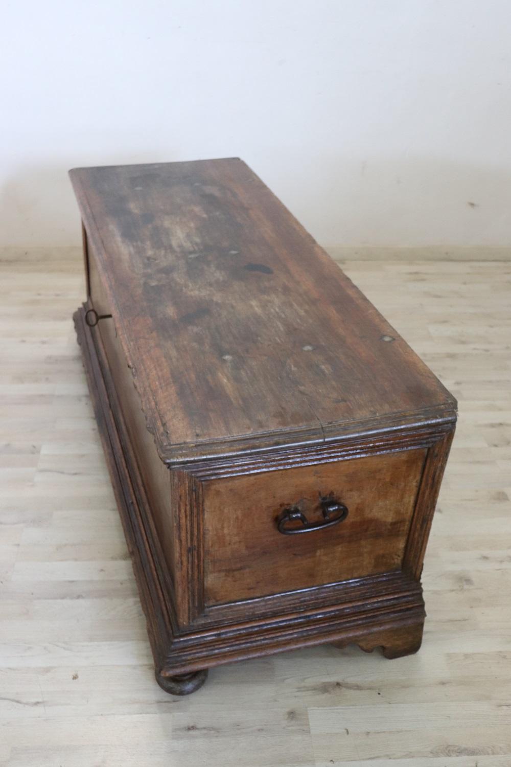 Majestic 17th Century Italian Solid Walnut Antique Blanket Chest  For Sale 3