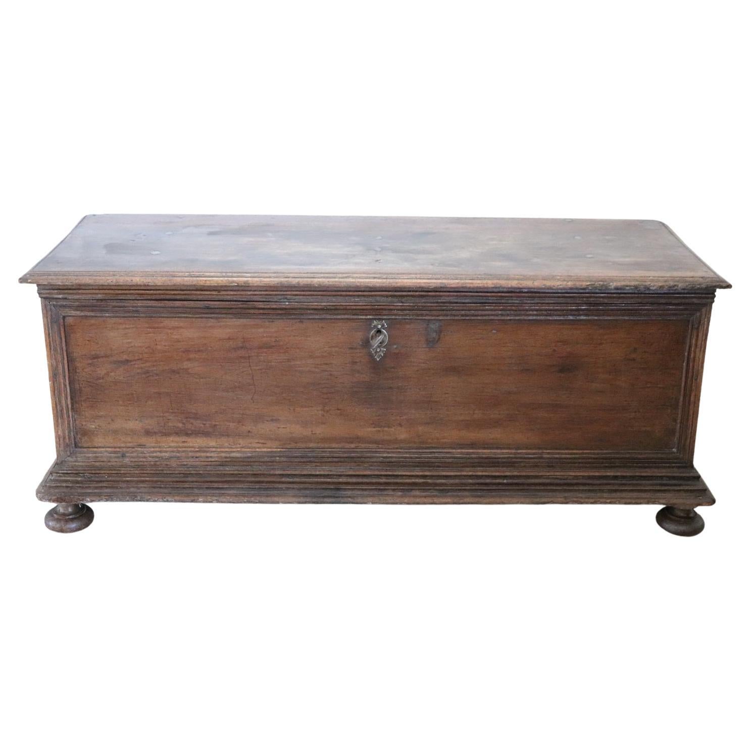 Majestic 17th Century Italian Solid Walnut Antique Blanket Chest  For Sale