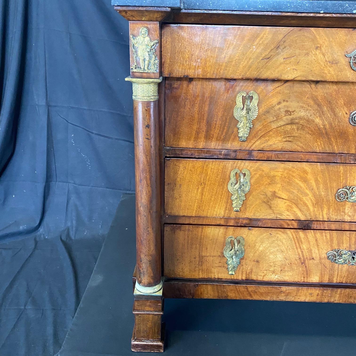 Majestic 19th Century French Empire Marble Top Commode Chest of Drawers For Sale 14