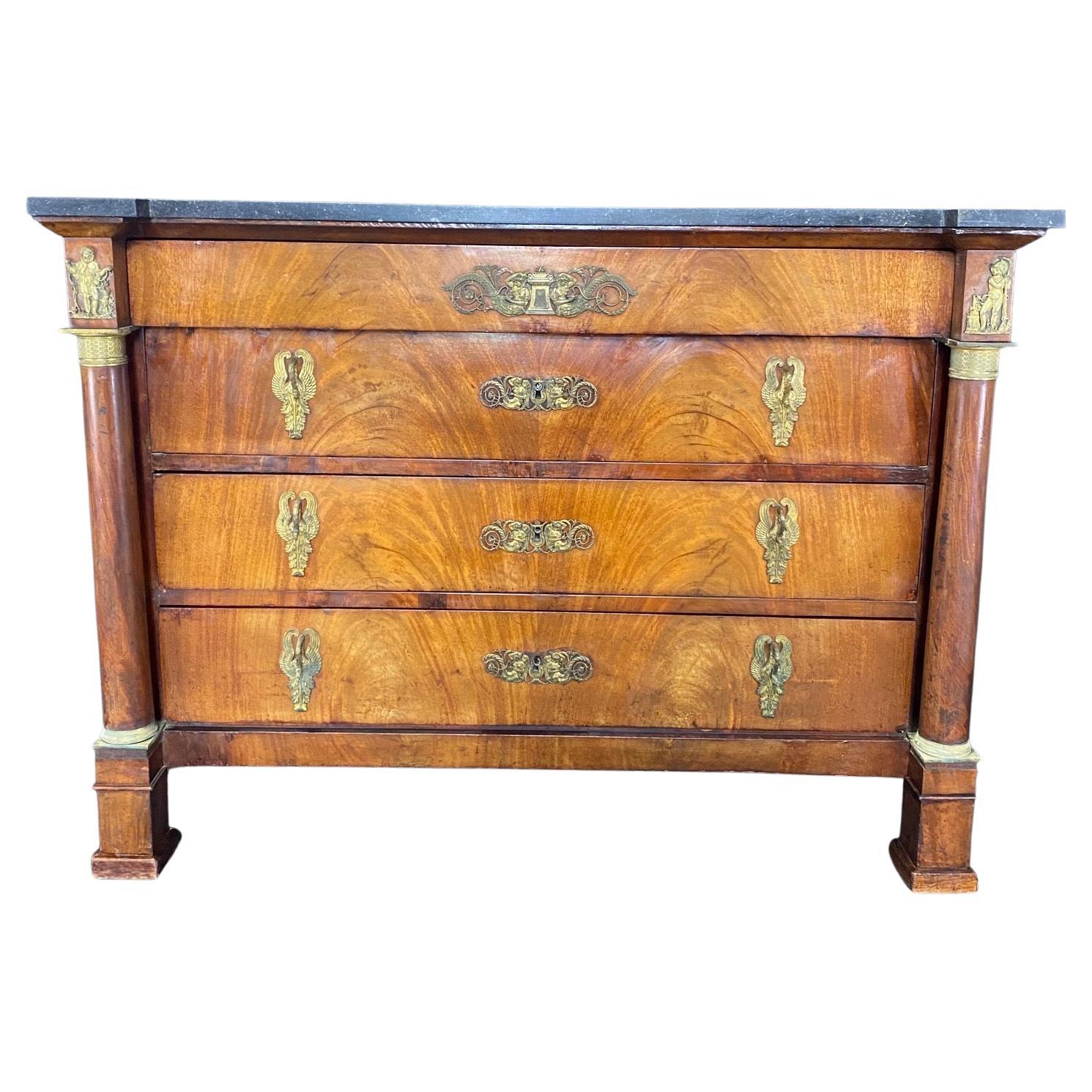 Majestic 19th Century French Empire Marble Top Commode Chest of Drawers