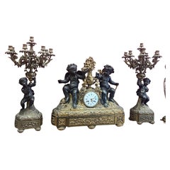 Antique Majestic 19th Century French Gilt Bronze Candelabras and Clock Garniture