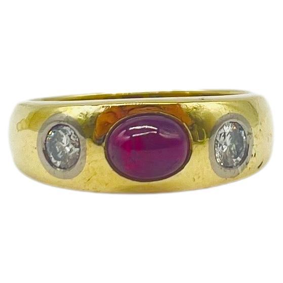 majestic 3 stone ring with diamond and ruby in 18k yellow gold 