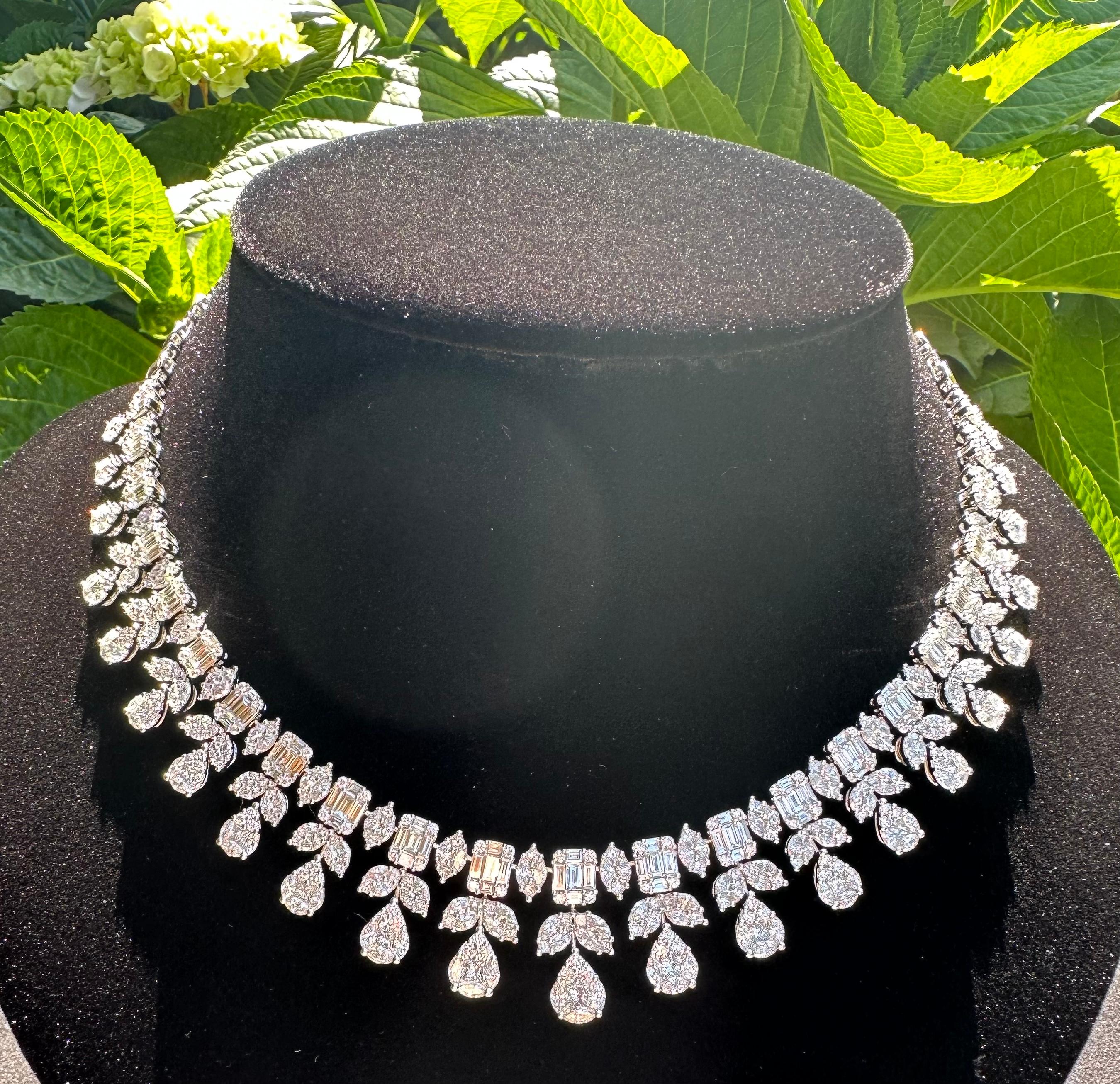 Artisan Majestic 45 Carat Diamond Cascading Princess Necklace in 18 Karat White Gold For Sale