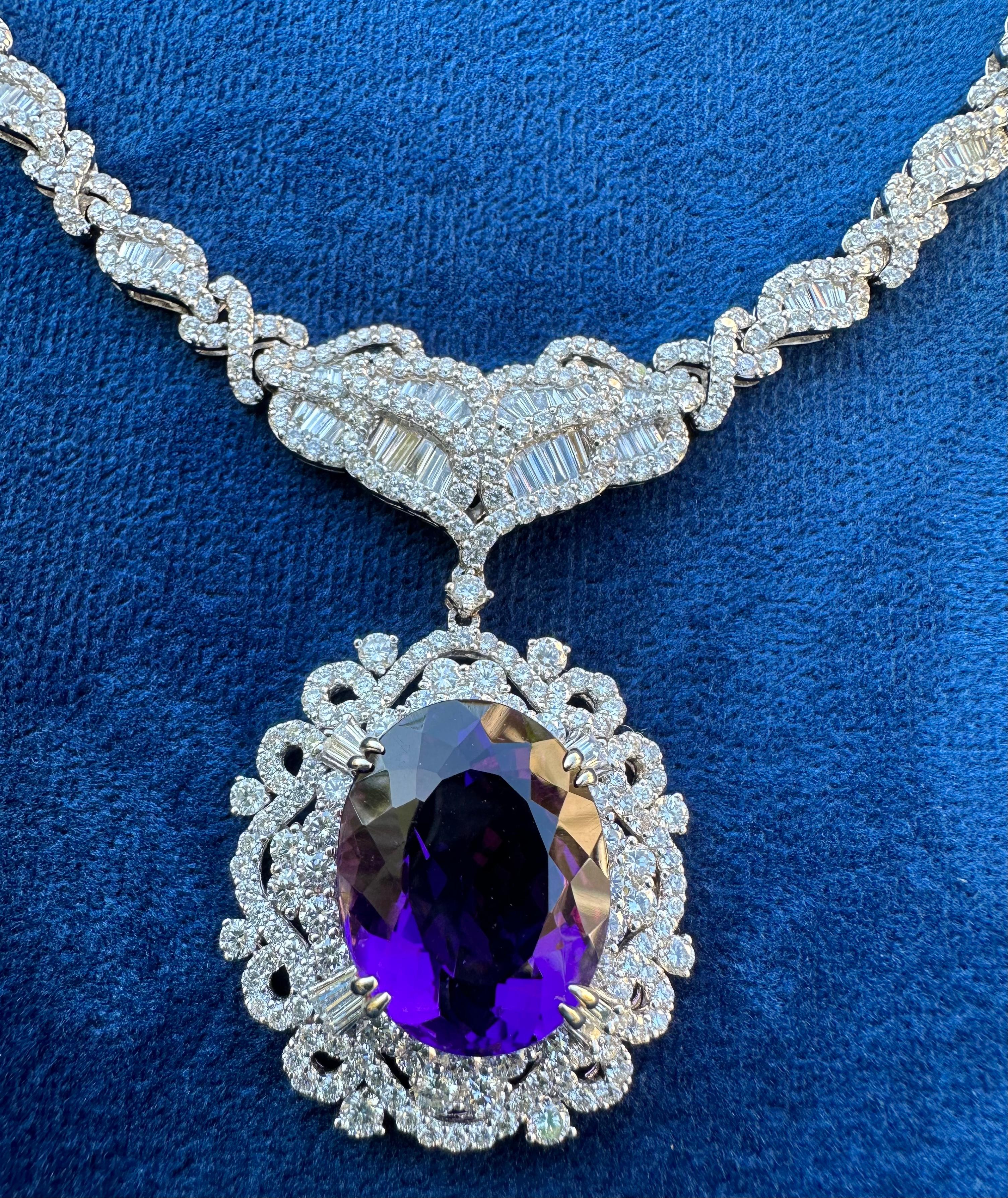 Majestic 52 Carat Intense Purple Brazilian Amethyst & Diamond 18K Gold Necklace For Sale 4