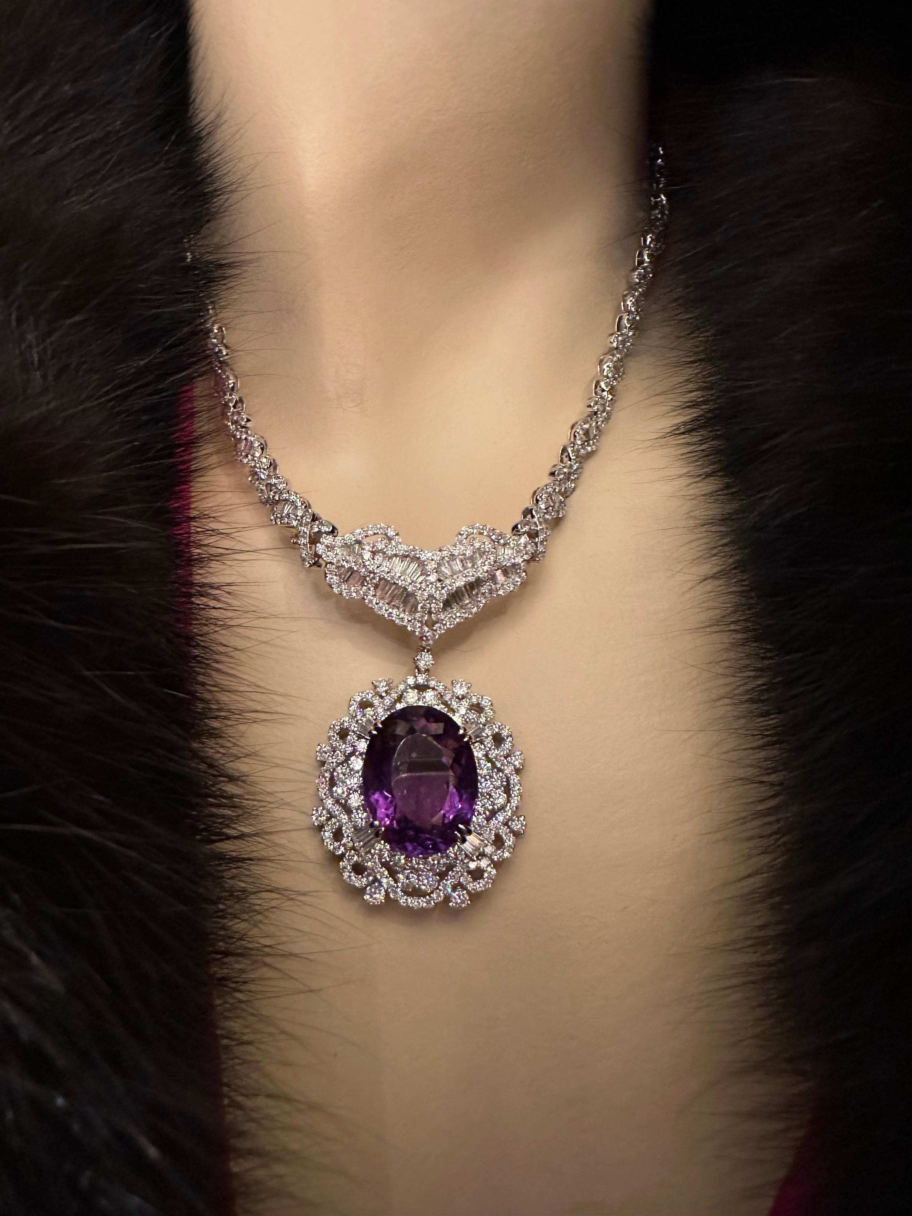 Majestic 52 Carat Intense Purple Brazilian Amethyst & Diamond 18K Gold Necklace For Sale 5