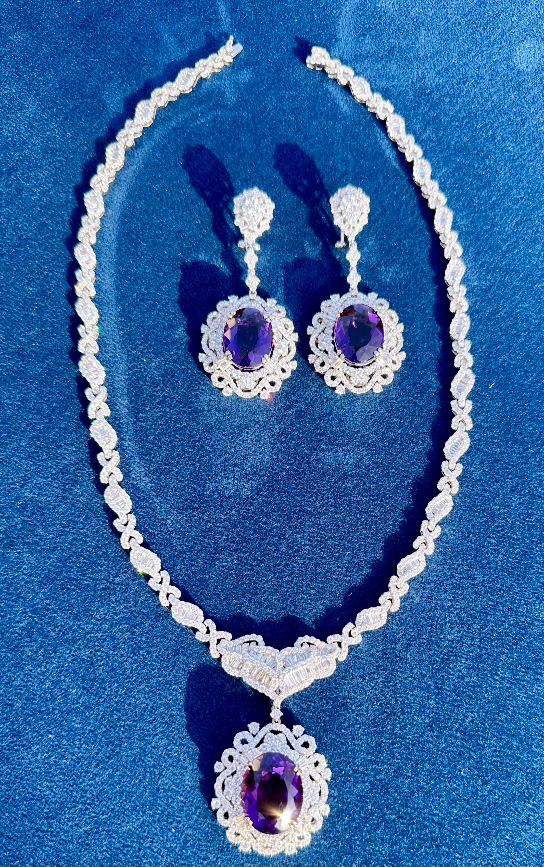 Majestic 52 Carat Intense Purple Brazilian Amethyst & Diamond 18K Gold Necklace For Sale 6