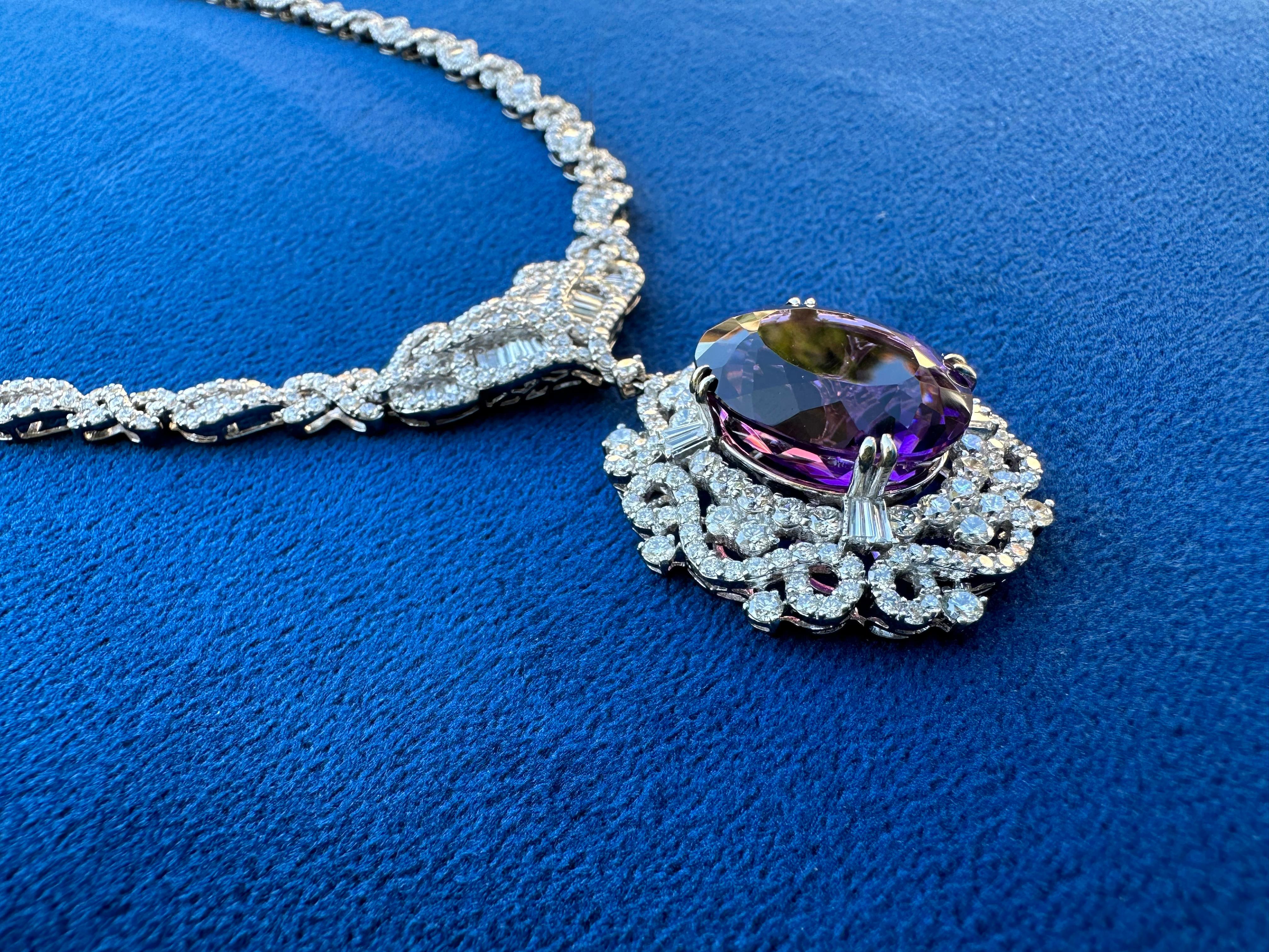 Majestic 52 Carat Intense Purple Brazilian Amethyst & Diamond 18K Gold Necklace For Sale 1