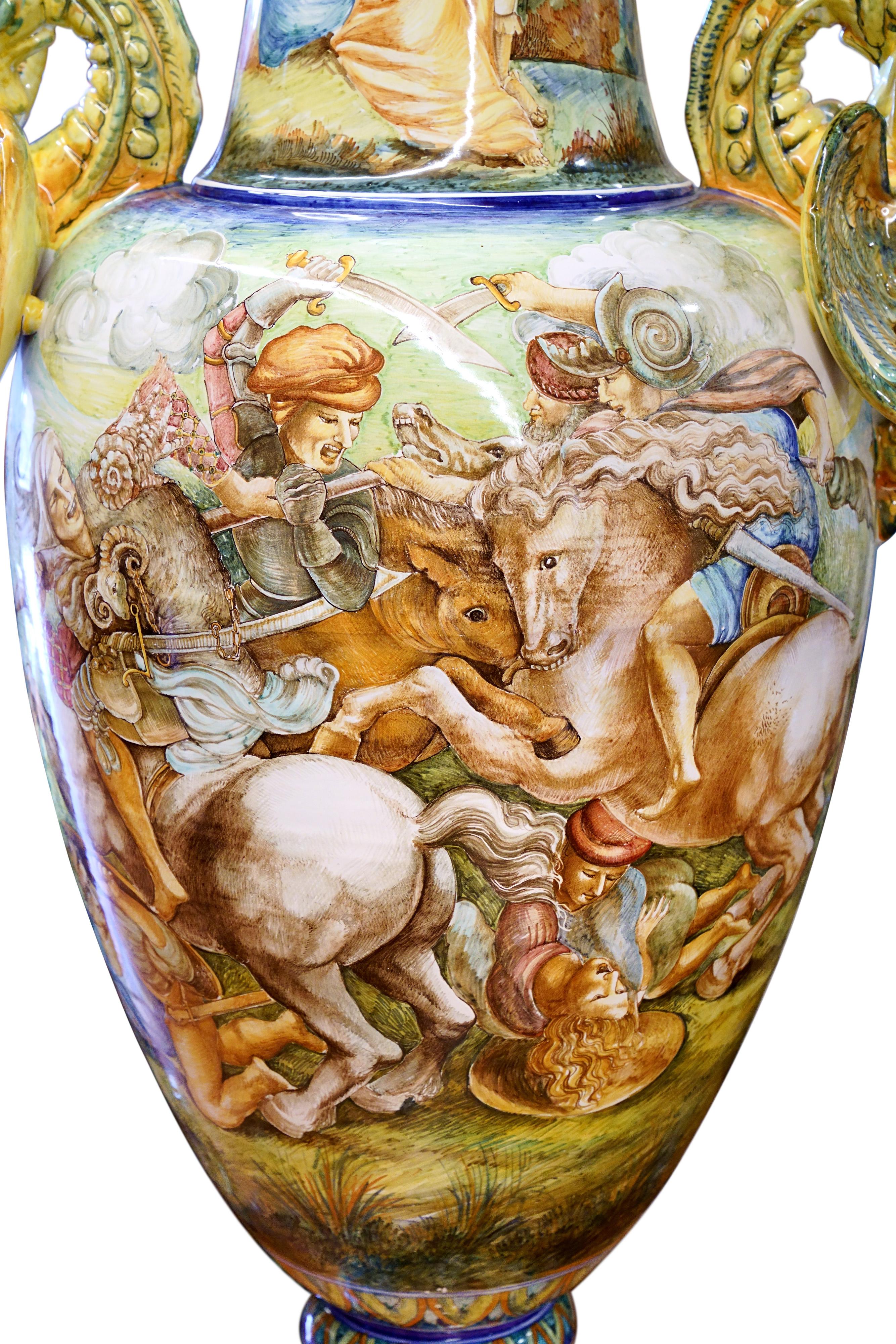 Renaissance Majestic Amphora Vase Majolica Painted Subject Inspired by Leonardo Da Vinci For Sale