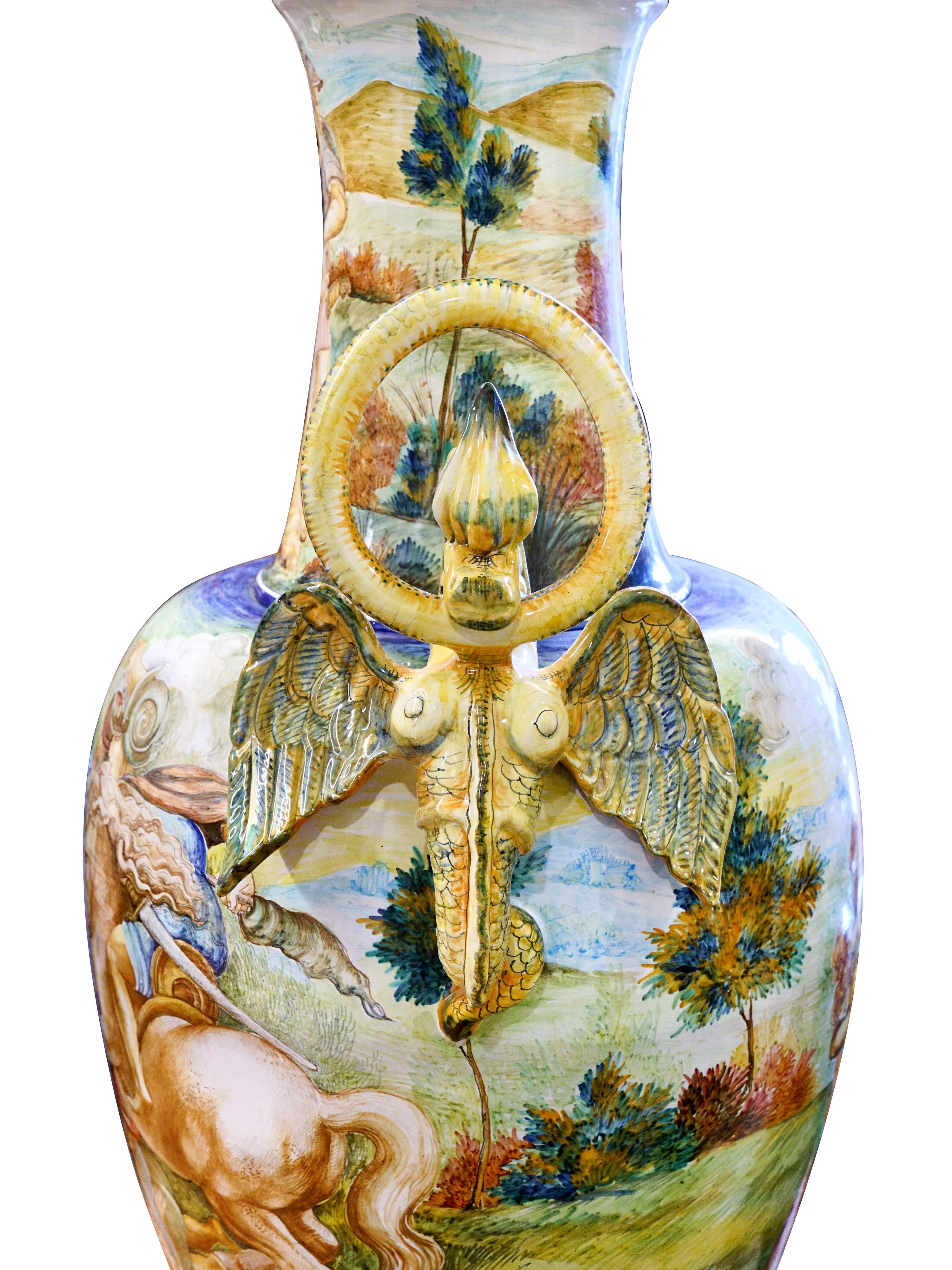 Hand-Carved Majestic Amphora Vase Majolica Painted Subject Inspired by Leonardo Da Vinci For Sale