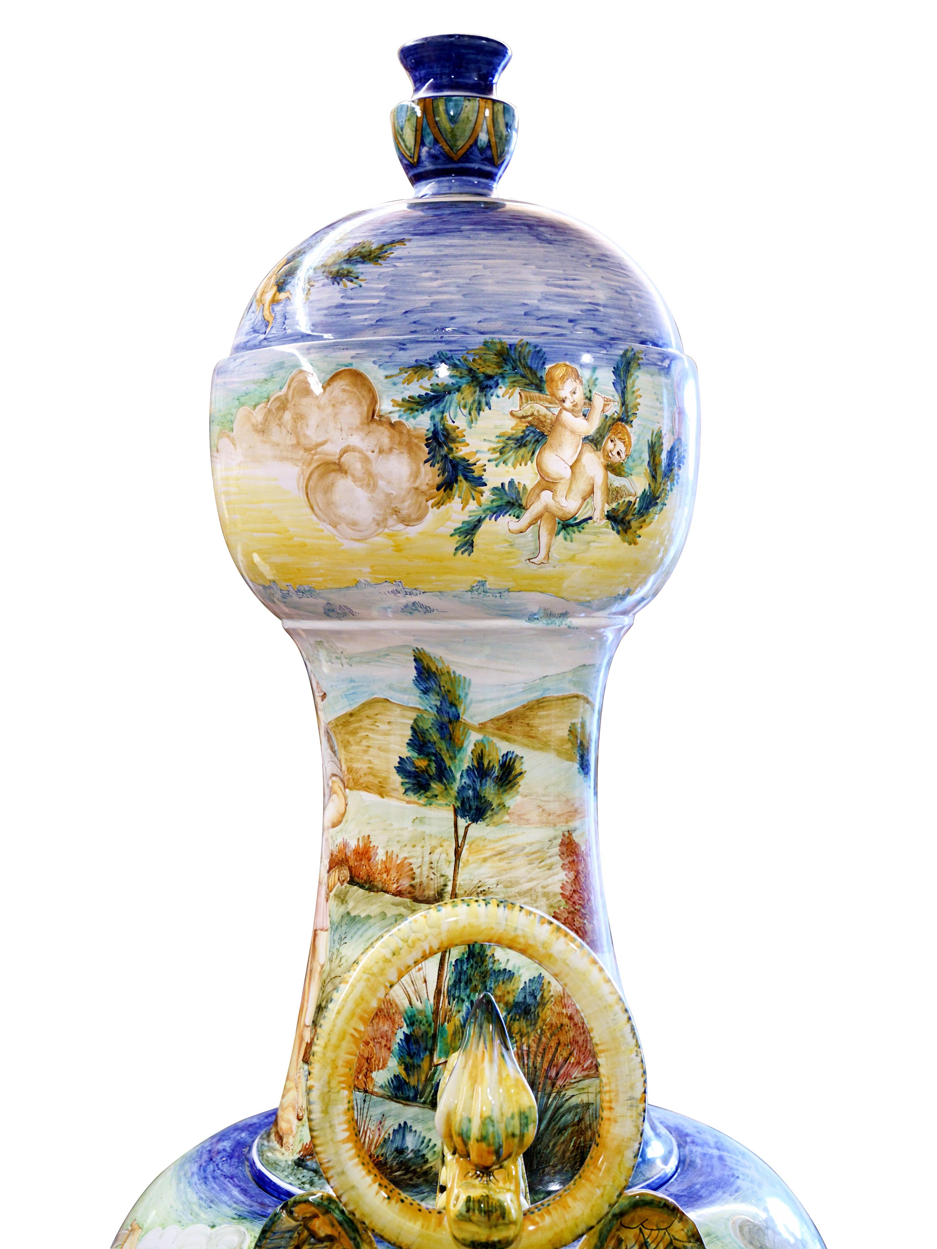Hand-Carved Majestic Amphora Vase Majolica Painted Subject Inspired by Leonardo Da Vinci For Sale