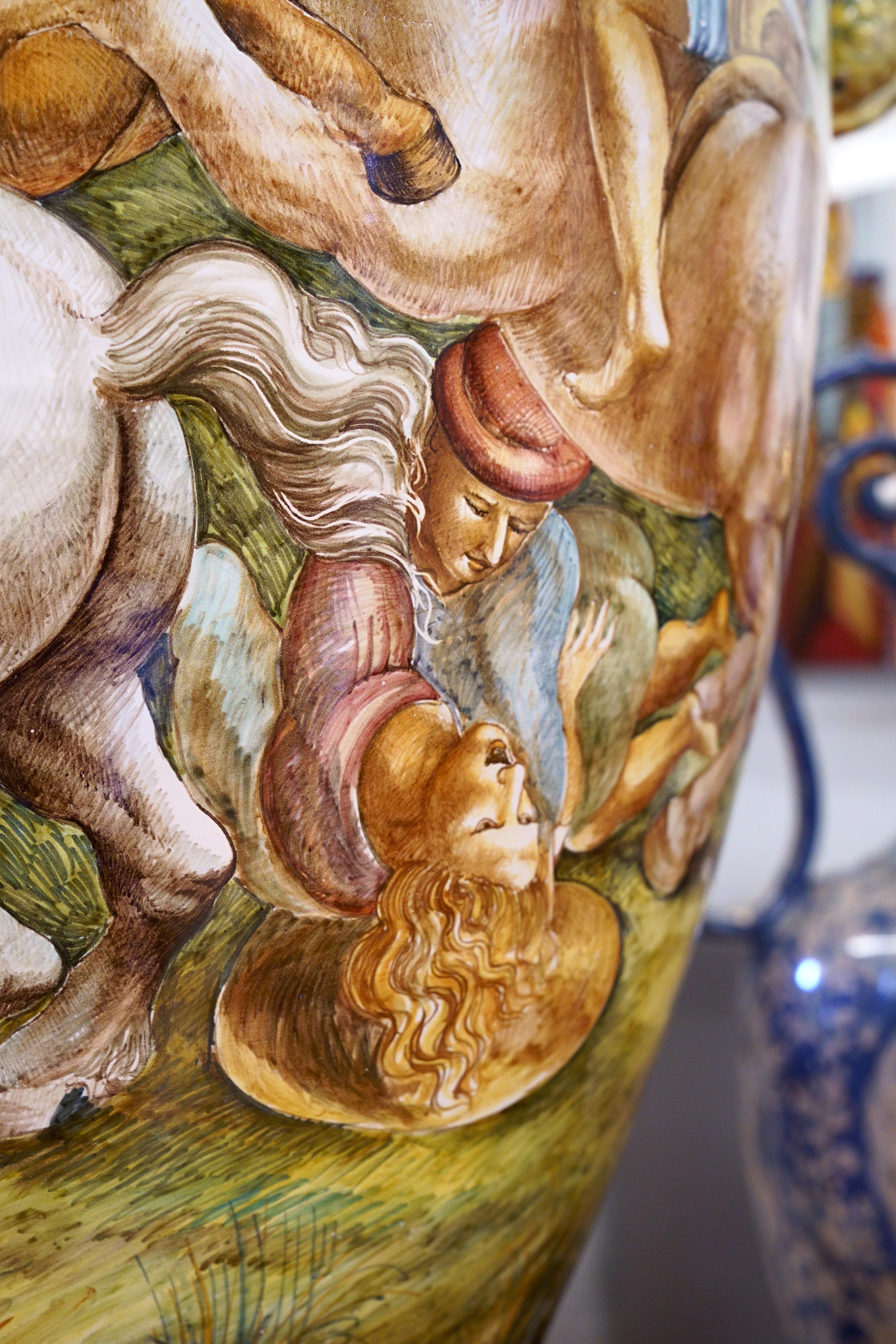 Late 20th Century Majestic Amphora Vase Majolica Painted Subject Inspired by Leonardo Da Vinci For Sale