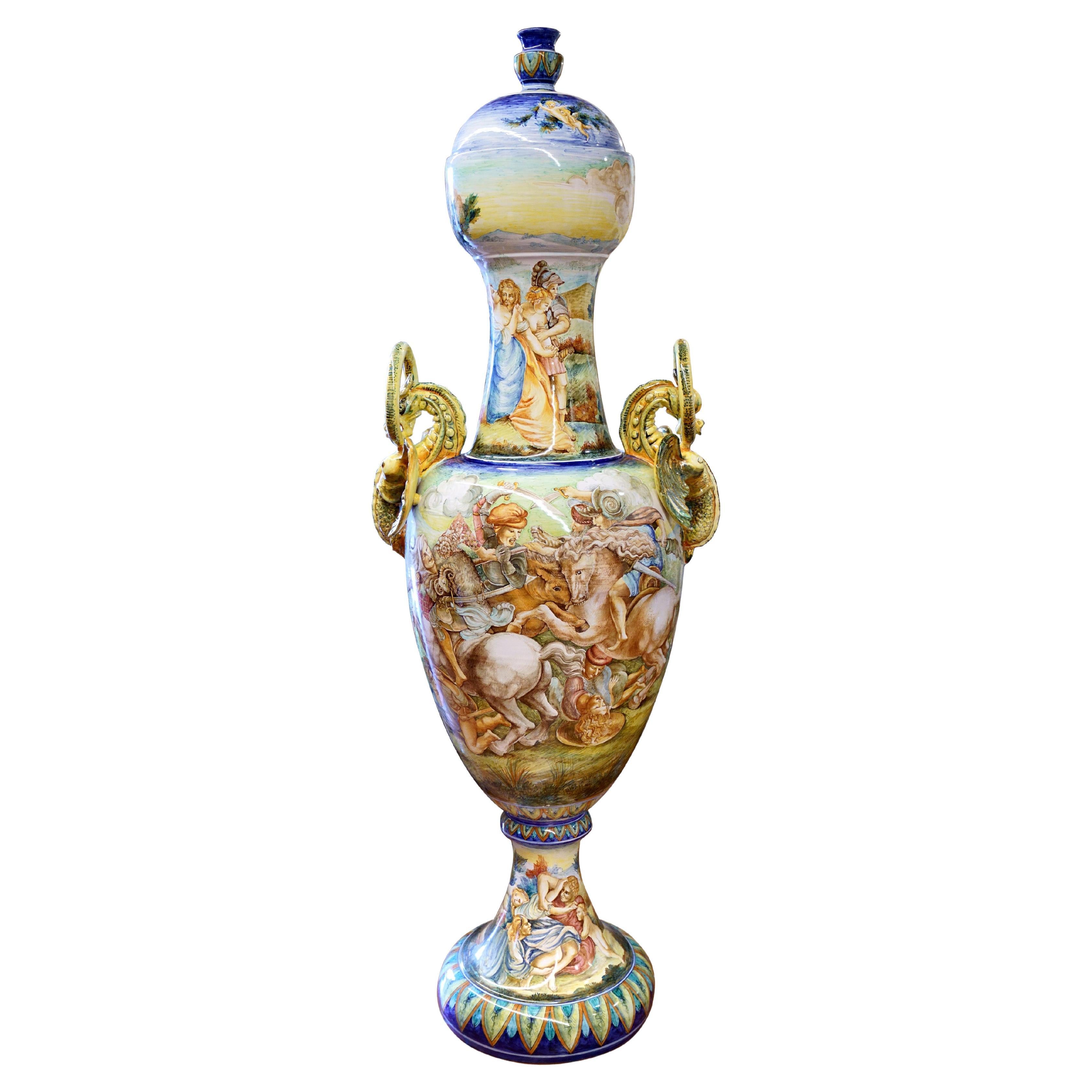 Majestic Amphora Vase Majolica Painted Subject Inspired by Leonardo Da Vinci For Sale