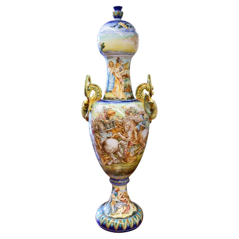 Majestic Amphora Vase Majolica Painted Subject Inspired by Leonardo Da Vinci For Sale at 1stDibs