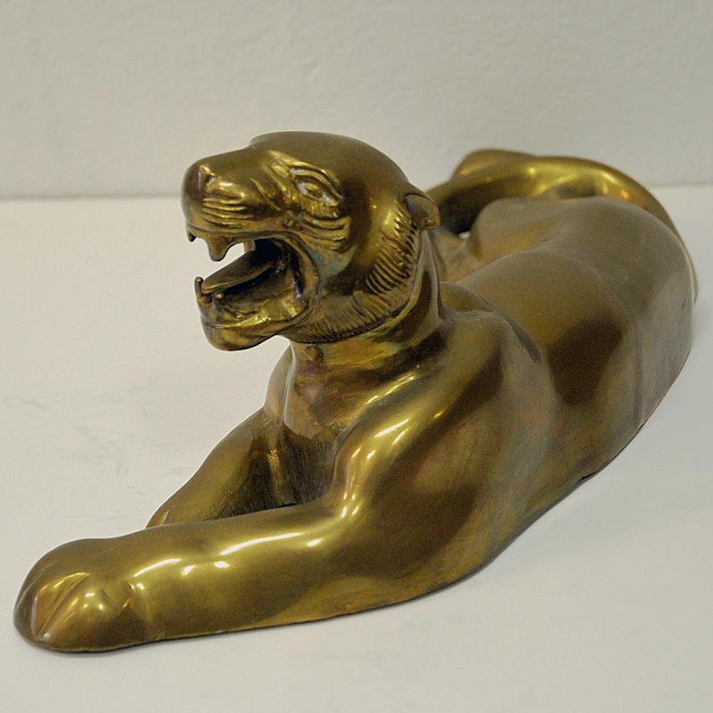 European Majestic And Lying Golden Vintage Brass Tiger, 1970s