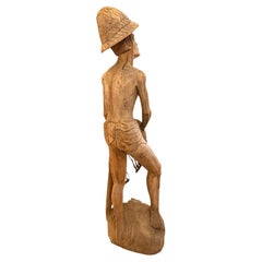 Majestic Antique Hand Carved solid Teak Wood Fisherman Tall Sculpture