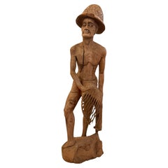 Majestic Antique Hand Carved solid Teak Wood Fisherman Tall Sculpture