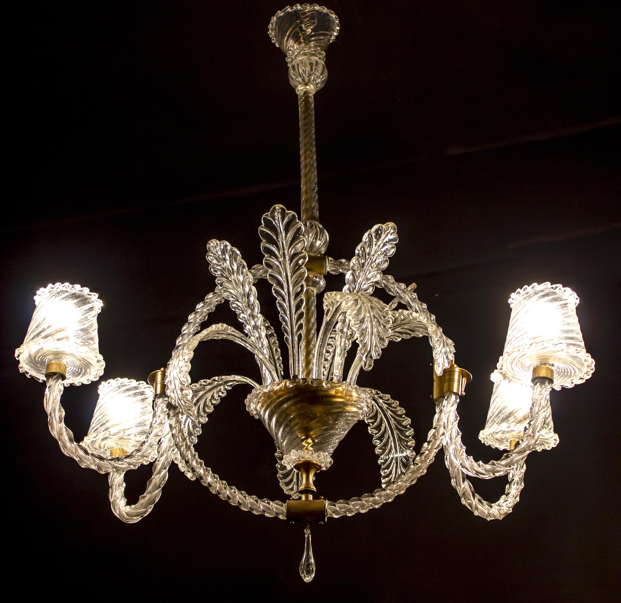 Brass Amazing Art Deco Murano Chandelier by Ercole Barovier, 1940s