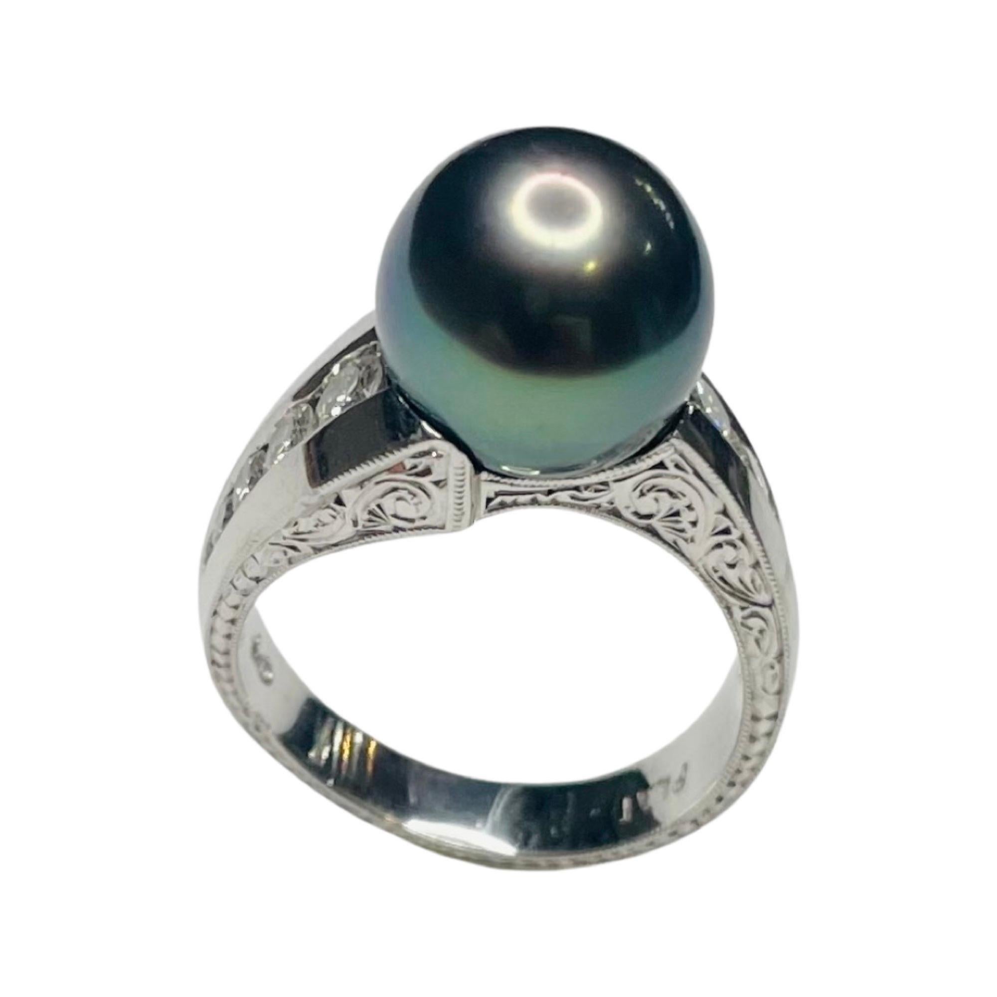 Round Cut Majestic Art Platinum Cultured Black Tahitian Pearl and Diamond Ring For Sale
