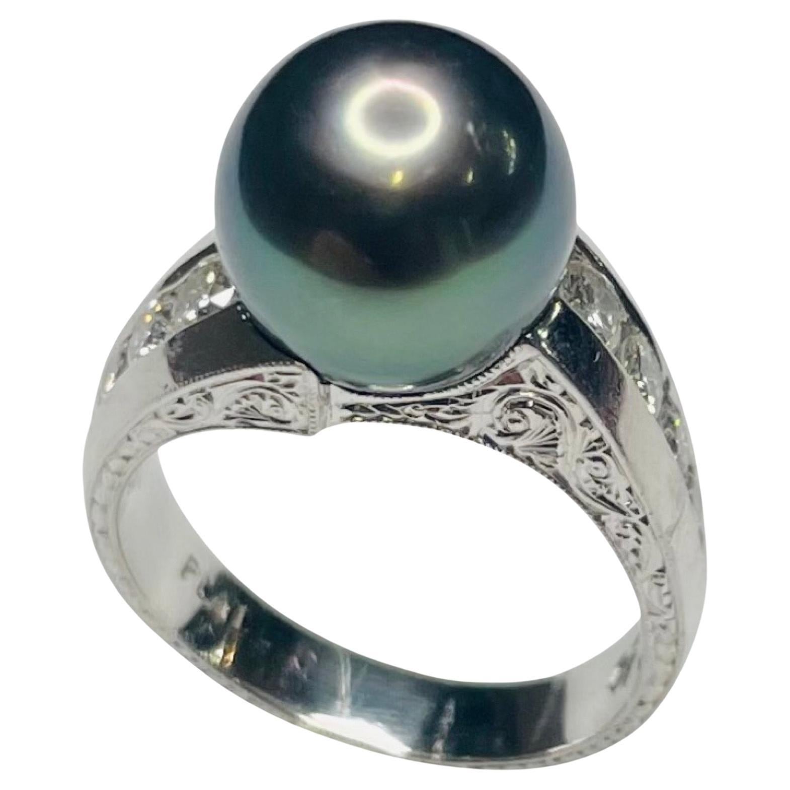 Majestic Art Platinum Cultured Black Tahitian Pearl and Diamond Ring For Sale