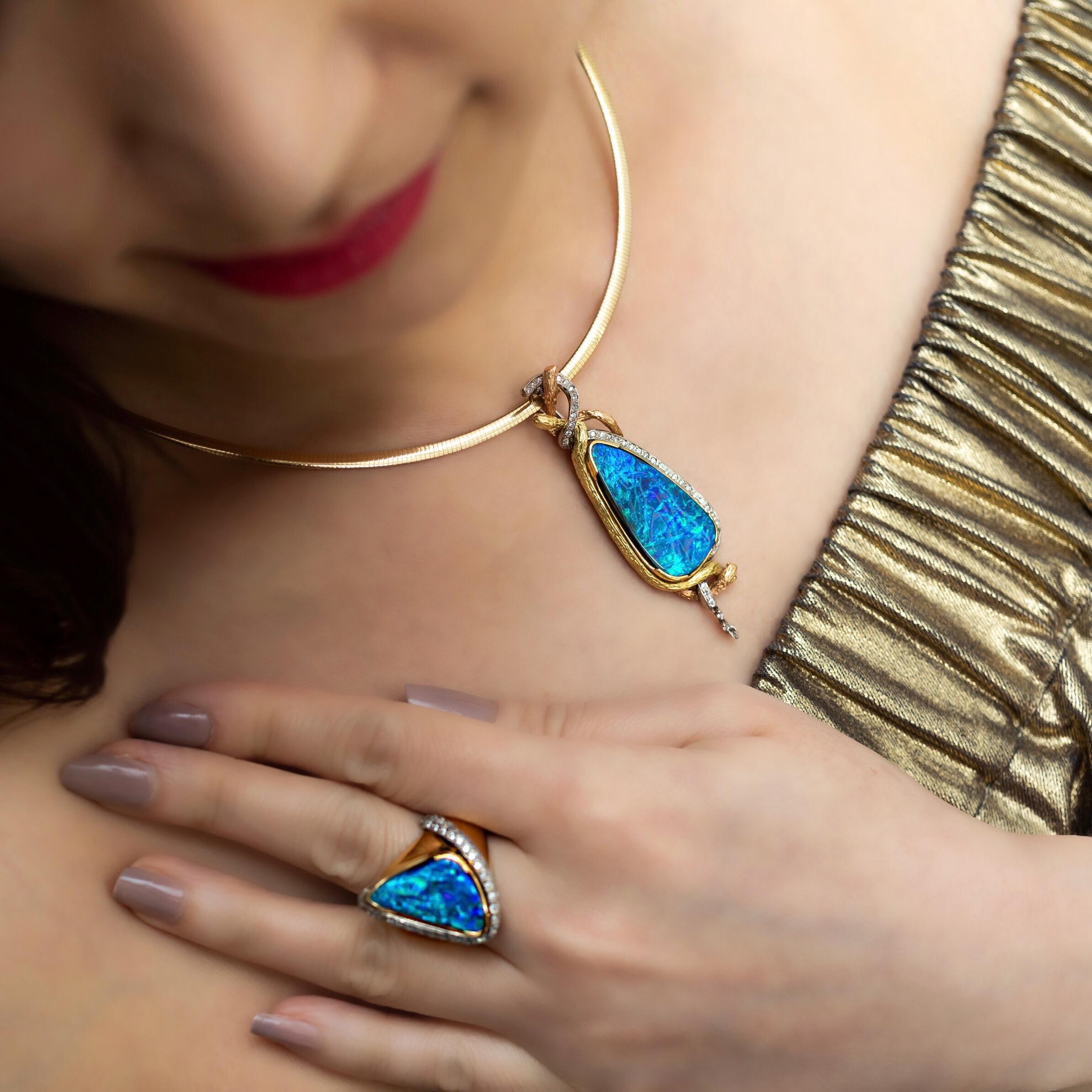 Majestic Australian Opal Jewellery Set Opal Ring Opal Pendant Opal Earrings For Sale 2