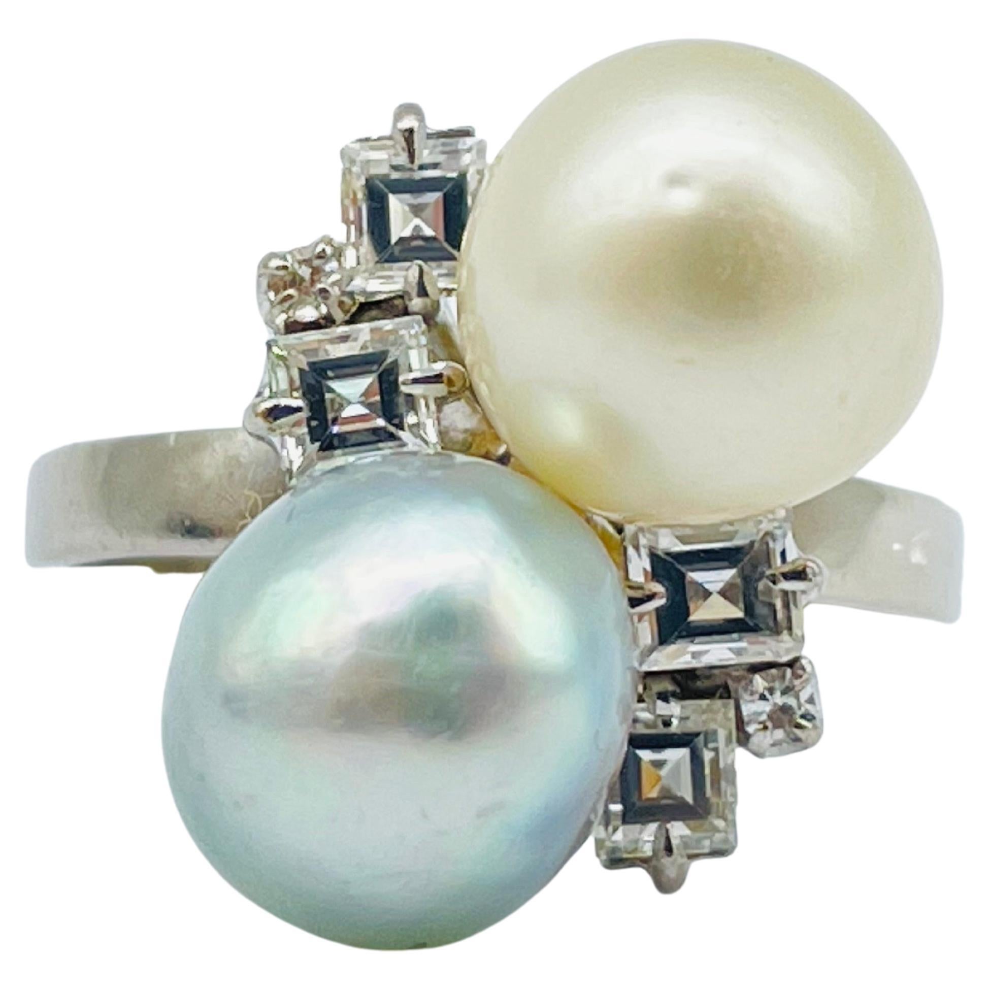 Majestic Baguette Diamond Perls Ring For Sale