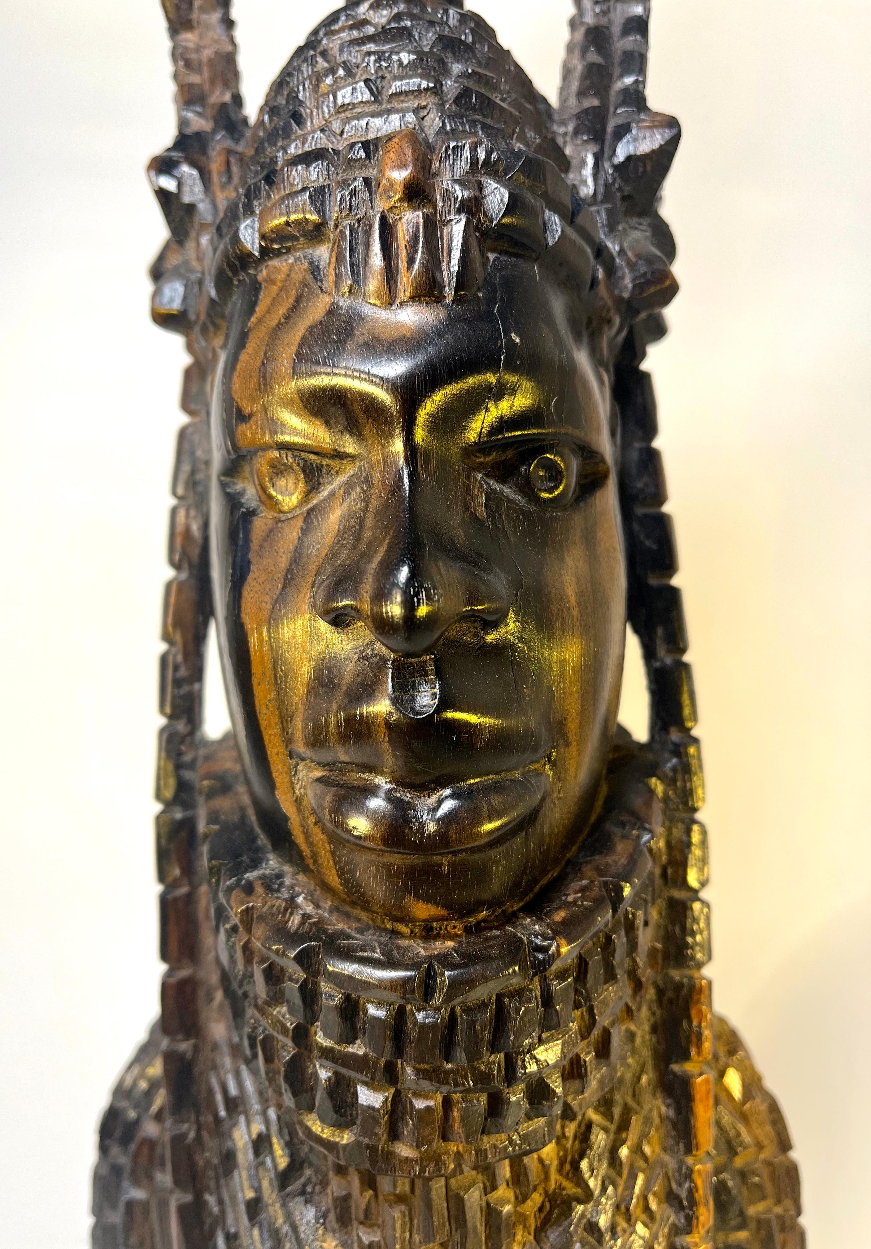 Hand-Carved Majestic Benin King Oba, Finely Carved Ebony Bust, Nigeria West Africa C1930s For Sale