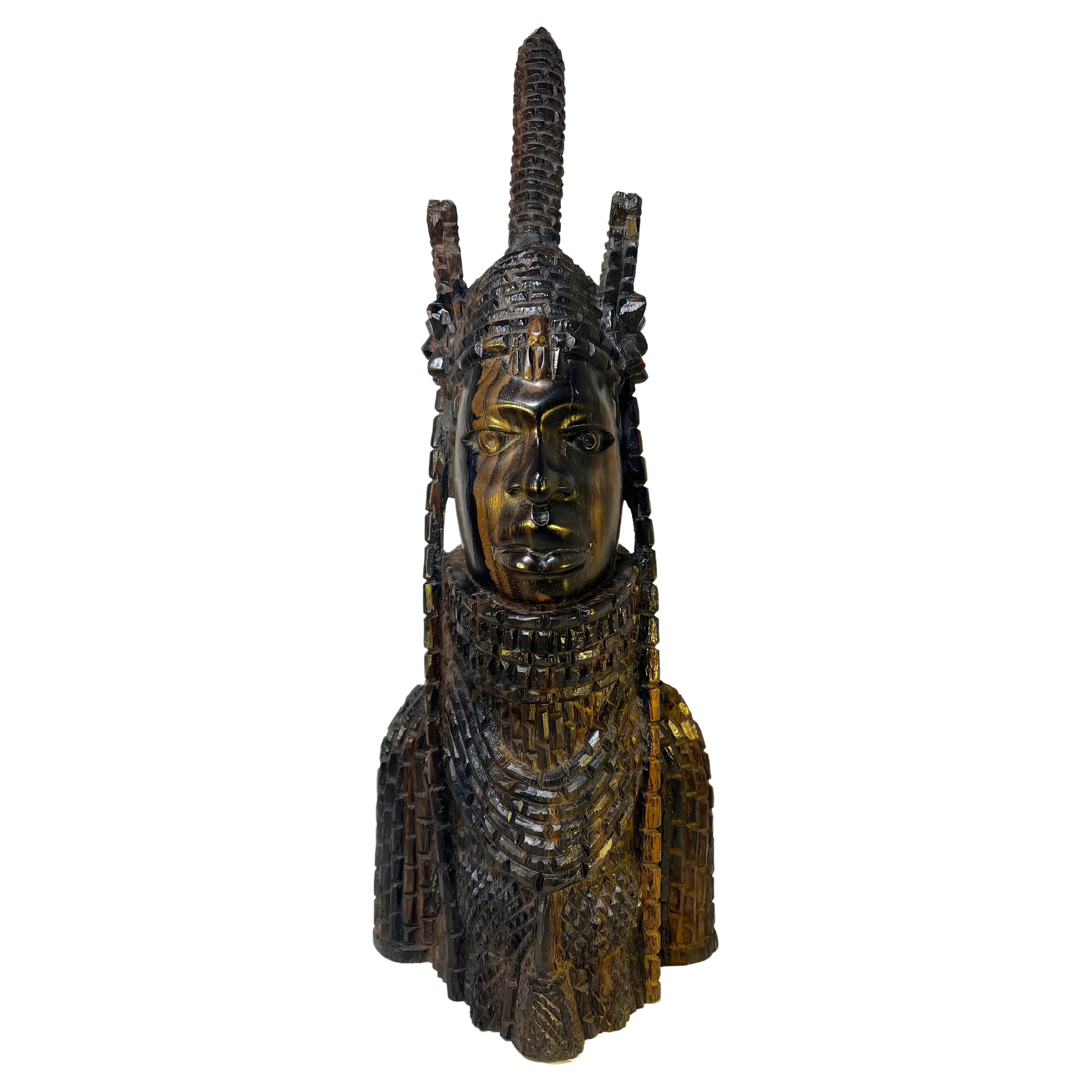 Majestic Benin King Oba, Finely Carved Ebony Bust, Nigeria West Africa C1930's