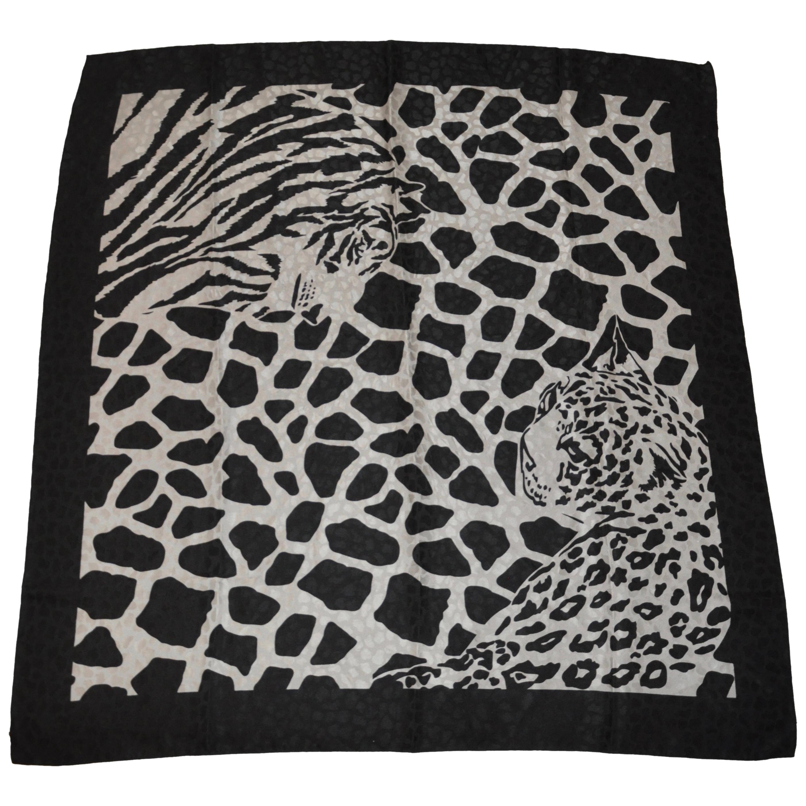 Majestic Black & Gray Print  "Leopard and Tiger" Silk Crepe di Chine Scarf
