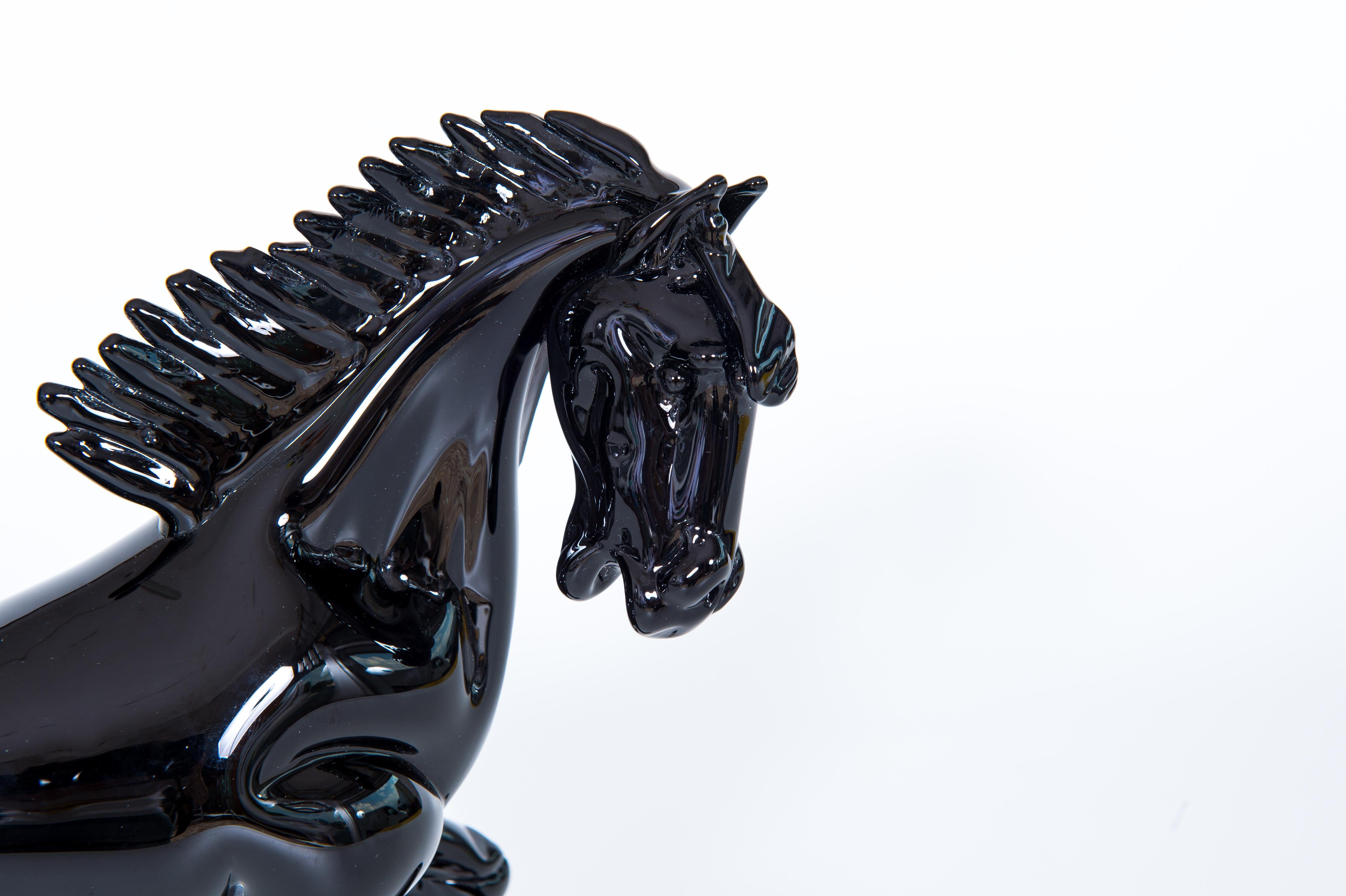 Modern Majestic Black Horse Sculpture in Blown Murano Glass Venice Italy 21st Century For Sale