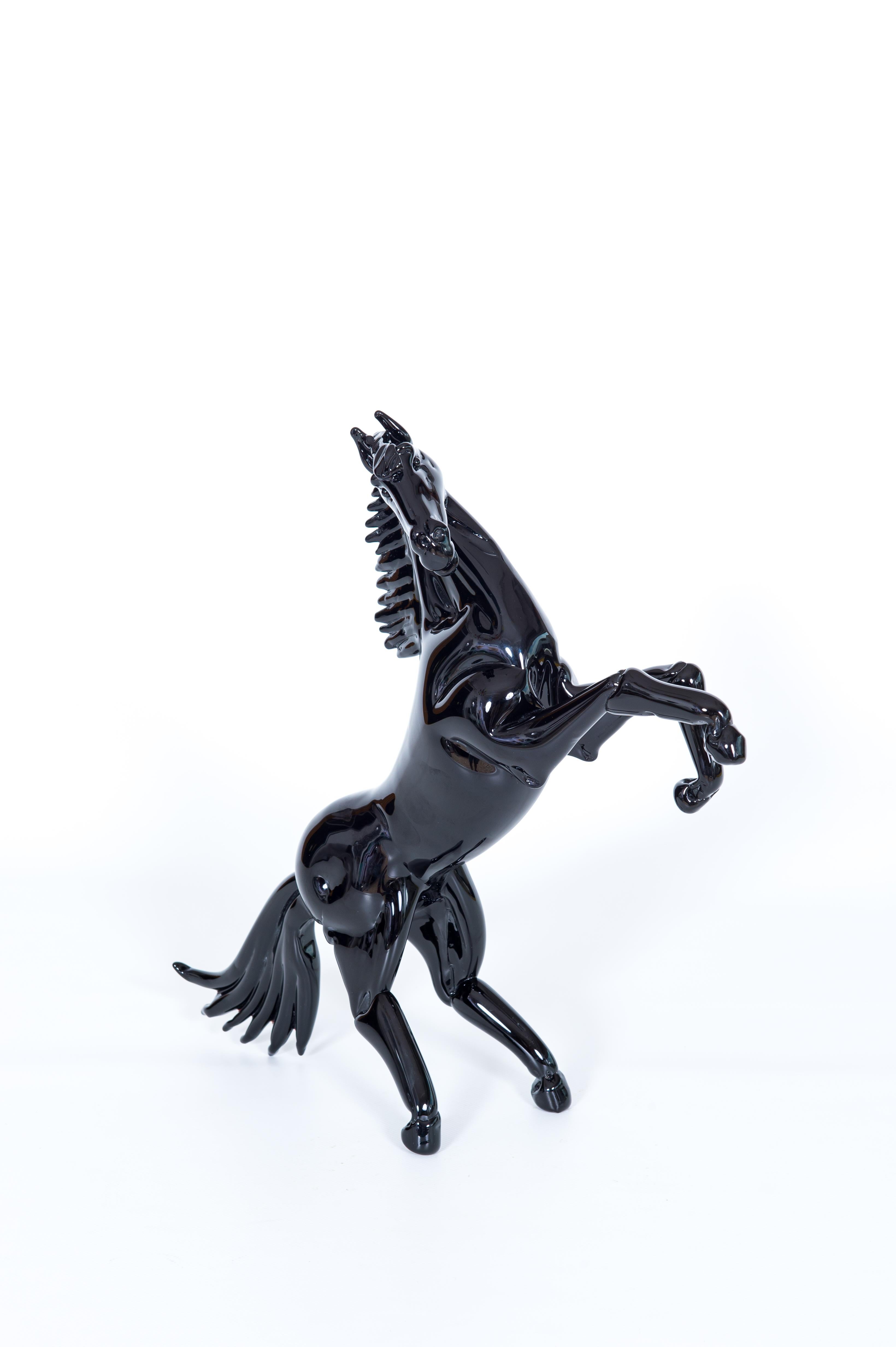 Contemporary Majestic Black Horse Sculpture in Blown Murano Glass Venice Italy 21st Century For Sale