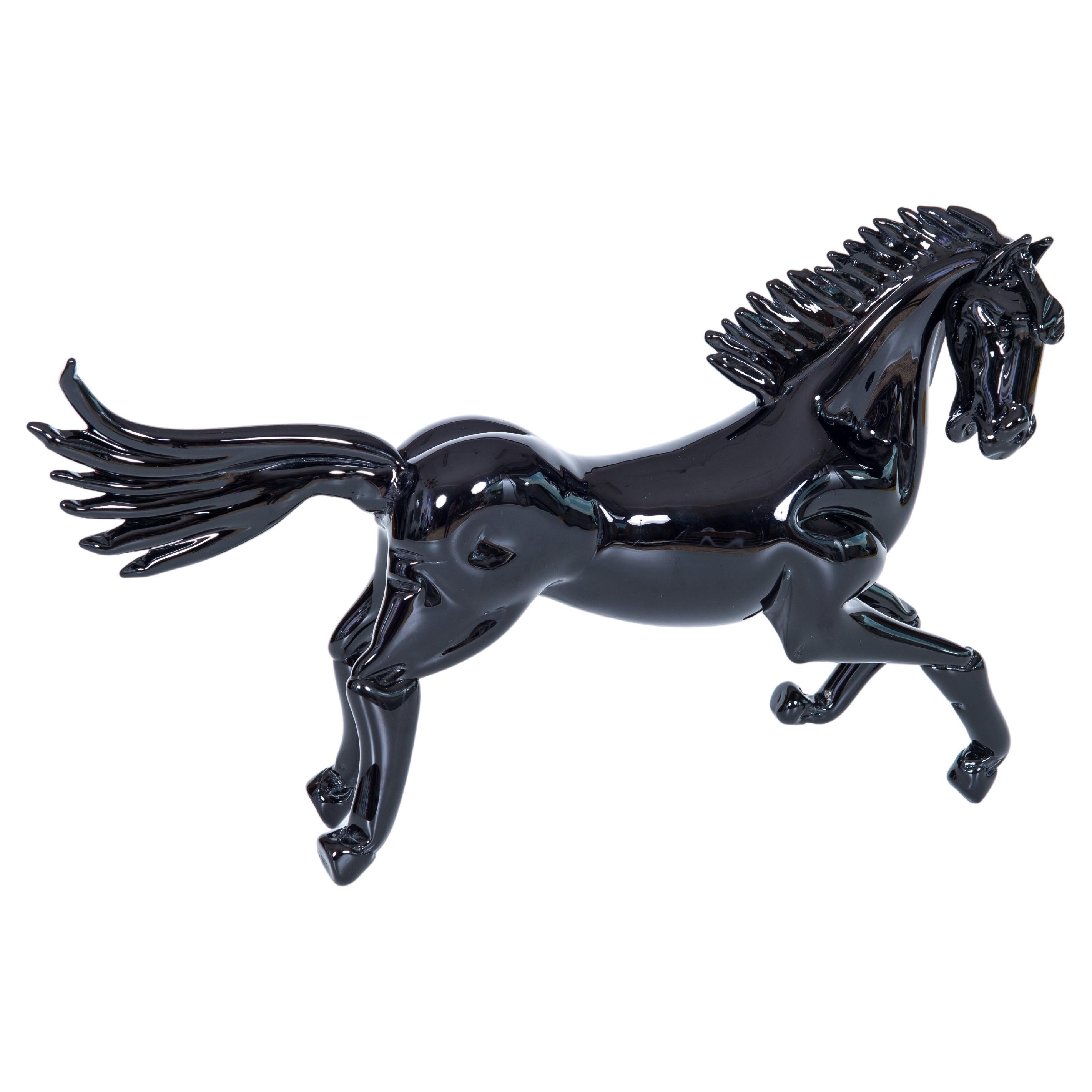Majestic Black Horse Sculpture in Blown Murano Glass Venice Italy 21st Century For Sale