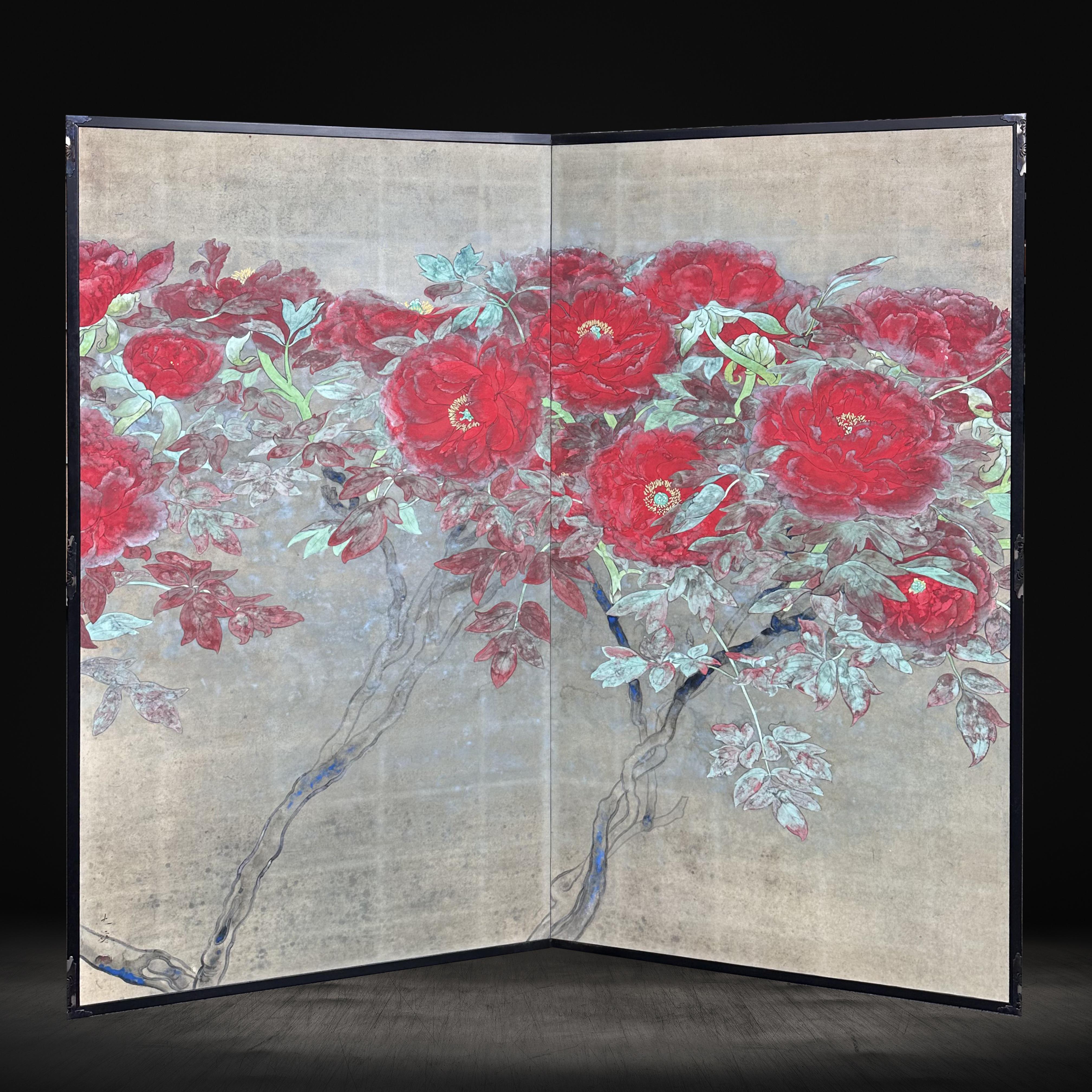 Majestic 'Botan' (Tree Peony) Screen from the Taisho Period

Period: 1930-1940 (Taisho)
Size: 186 x 176 cm (73.2 x 69.3 inches)
SKU: PL43

Immerse yourself in the regal beauty of this screen, adorned with the revered 'Botan,' or tree peony. Known as