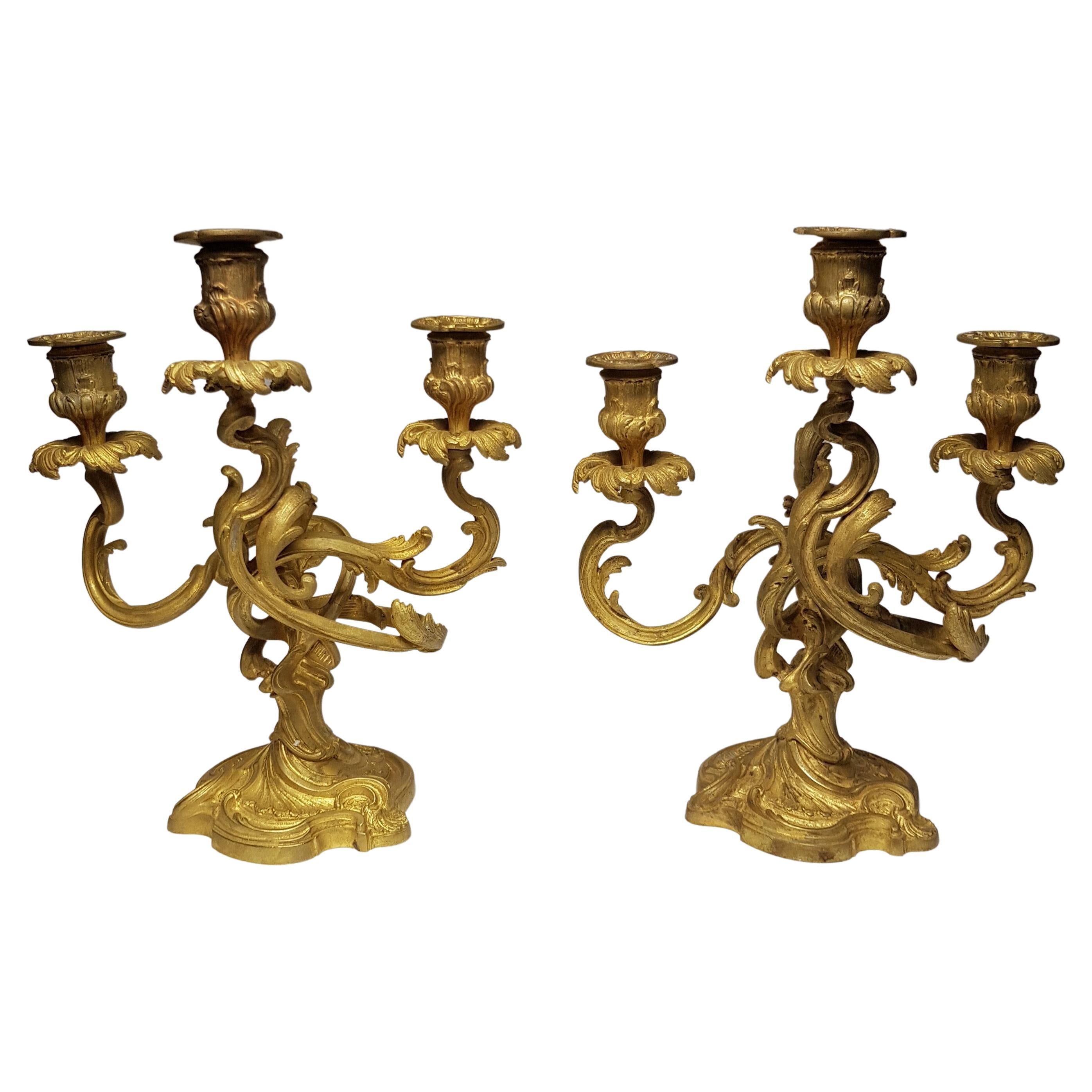 European Majestic Brass Candlestick Pair, circa 1870 For Sale