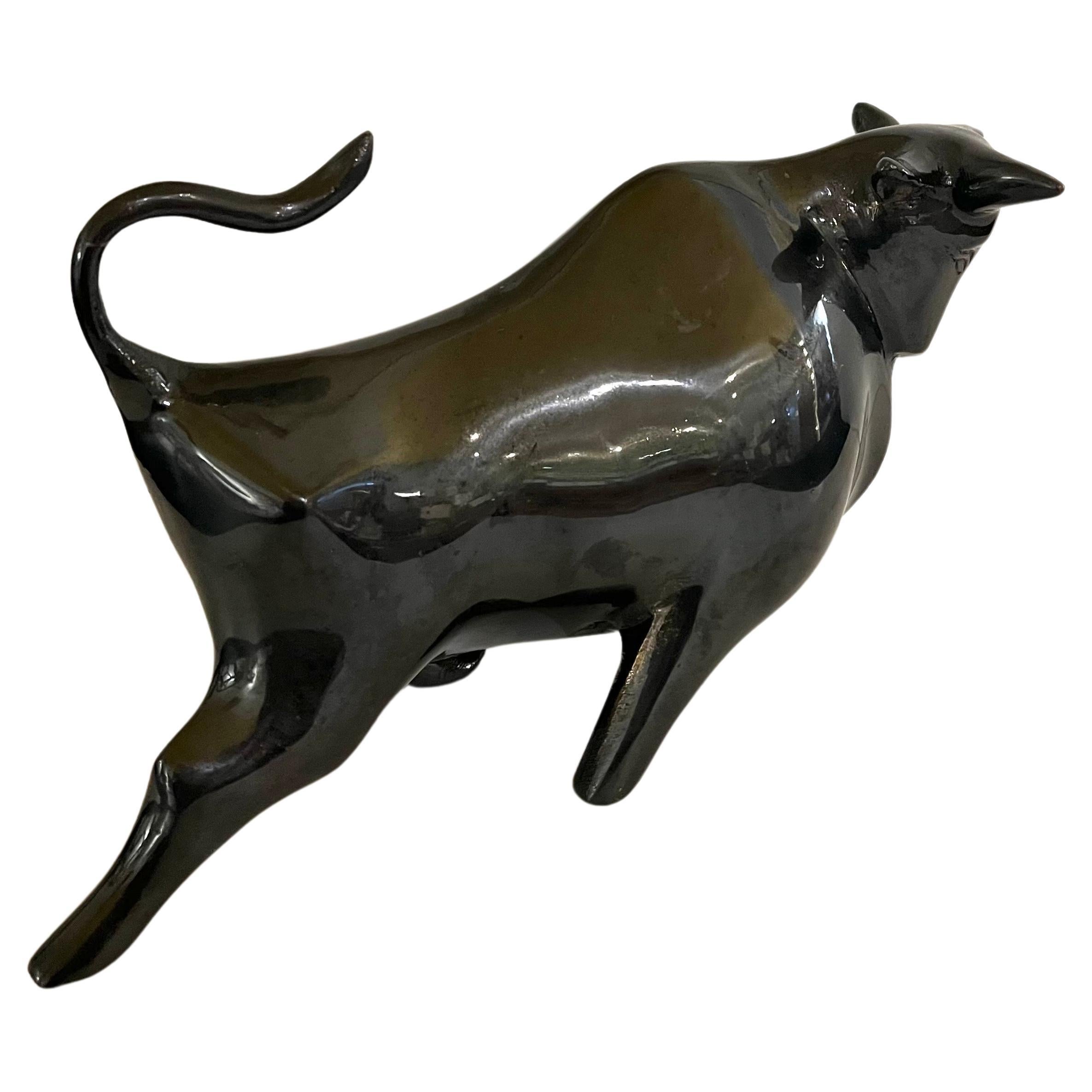 Majestic Brass & Enameled Finish Bull Sculpture In Good Condition For Sale In San Diego, CA