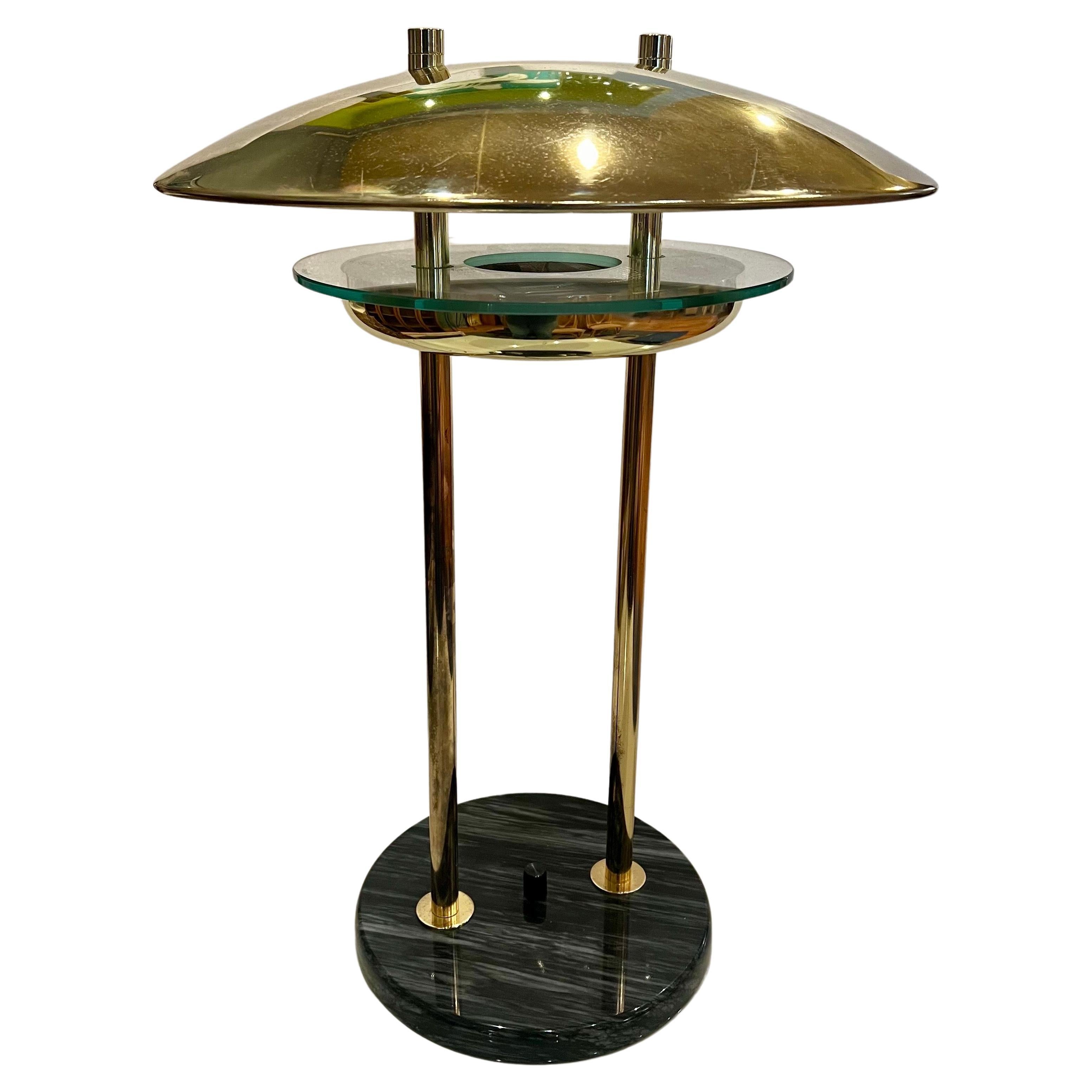 Majestueuse lampe de table ovni postmoderne en laiton, verre et marbre 