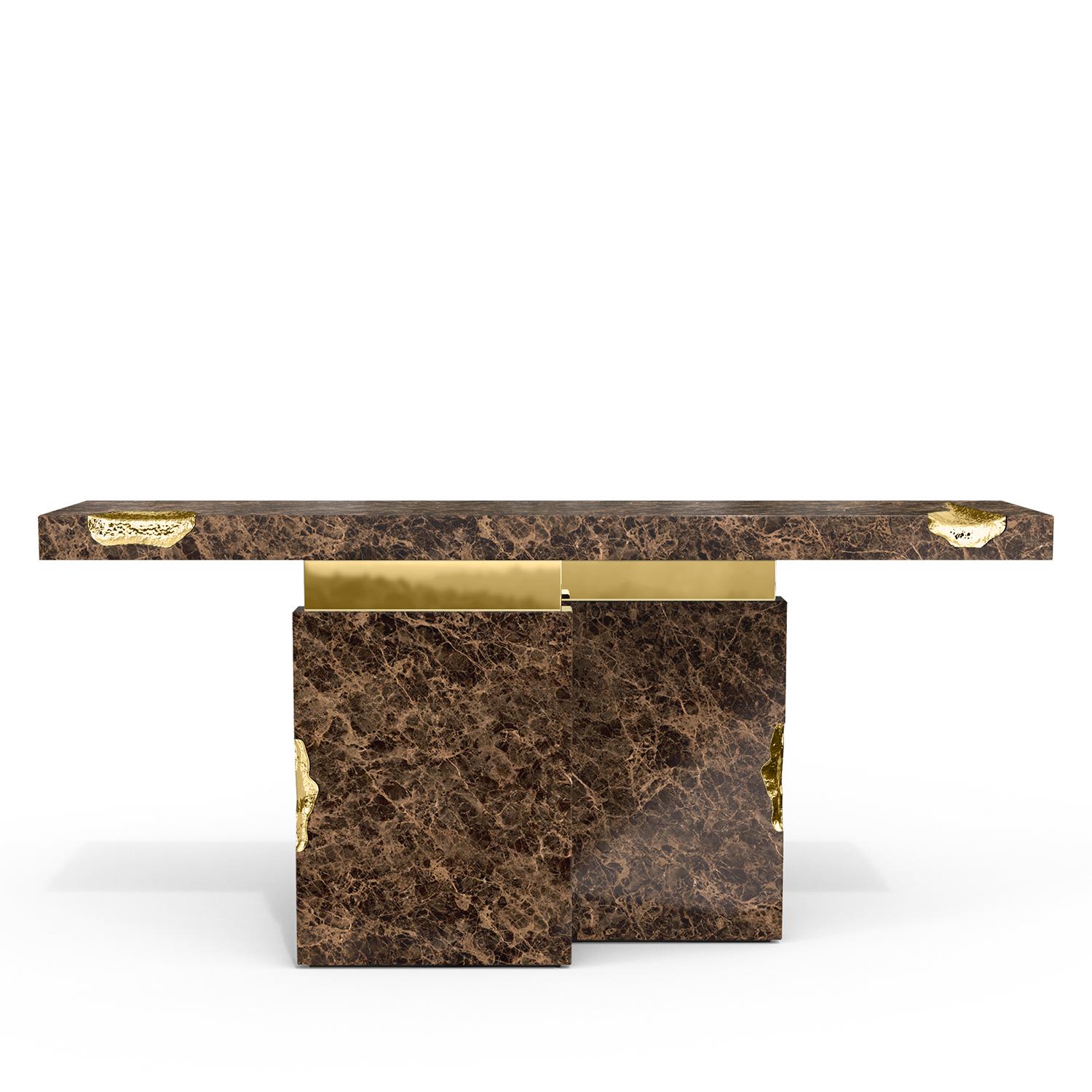 Console table Majestic brown with emperador brown 
marquina marble, carved and polished. With solid polished 
brass and with hammered solid brass.
