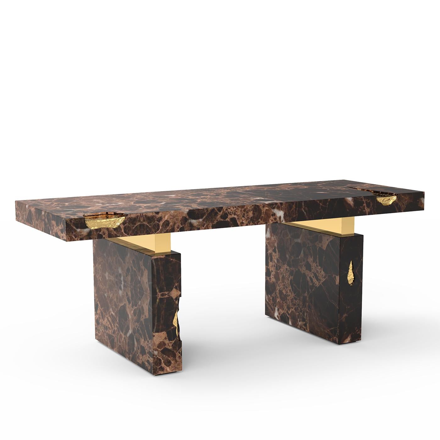Desk majestic brown with 2 bases and top in solid
polished emperador brown marble with solid brass 
details in gold finish.