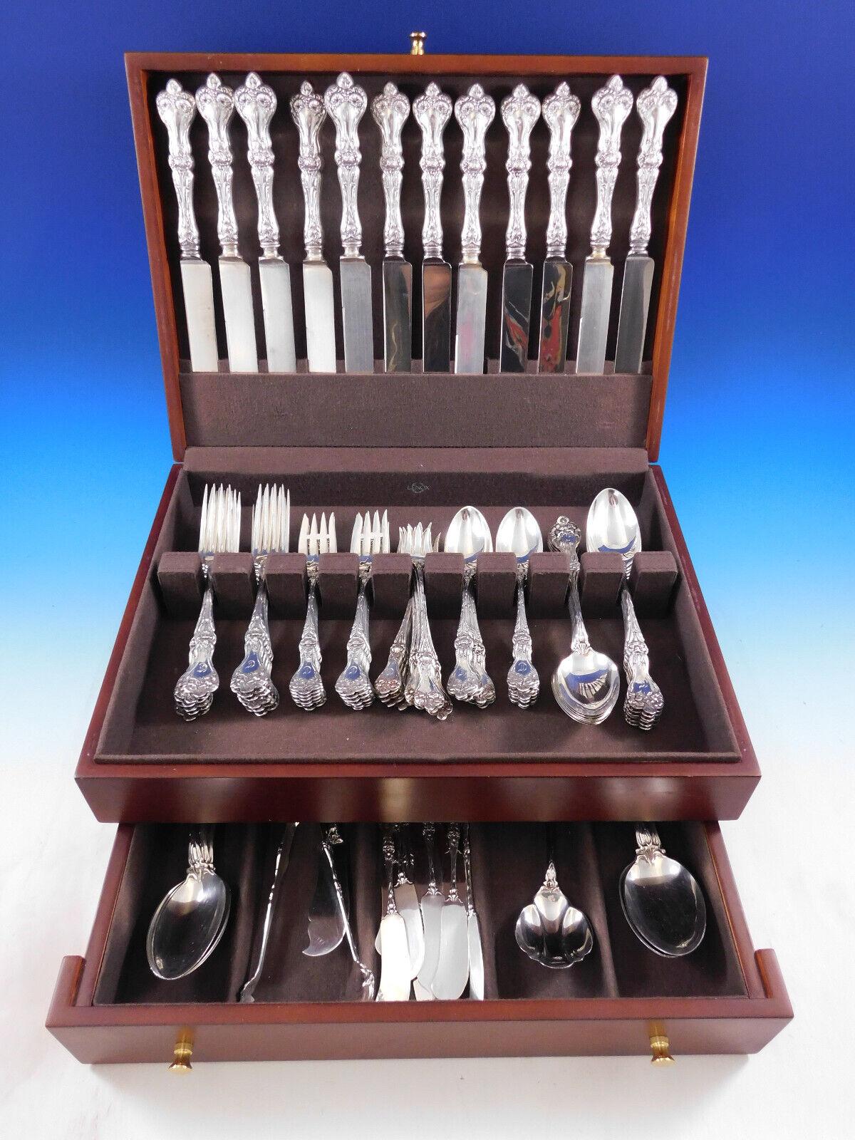 Rare multi-motif floral Majestic by Alvin circa 1900 sterling Silver flatware set - 93 pieces. This set includes:

12 Dinner Size Knives, 9 7/8