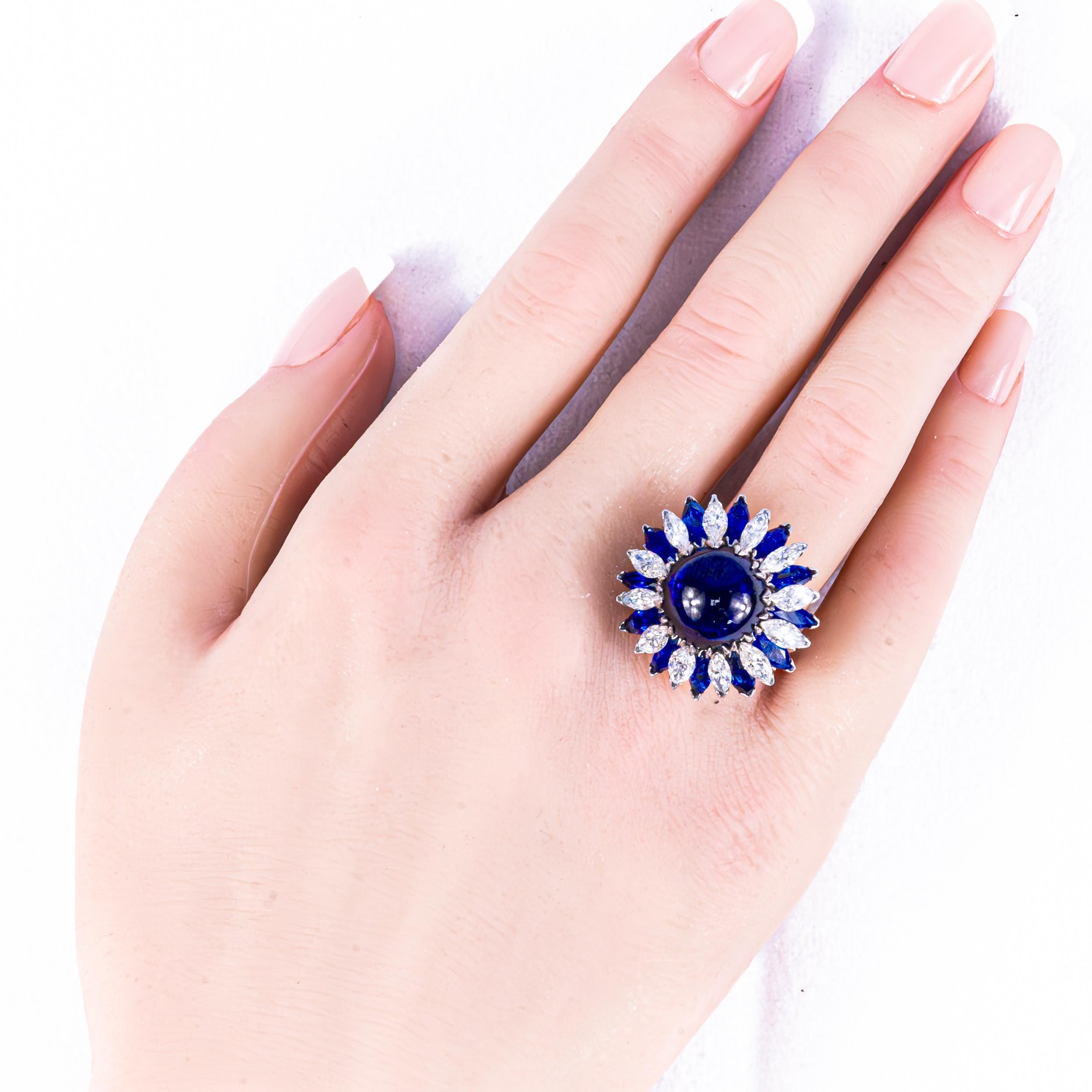 Majestic Cabochon Sapphire and Diamond Cocktail Ring In Excellent Condition For Sale In New York, NY