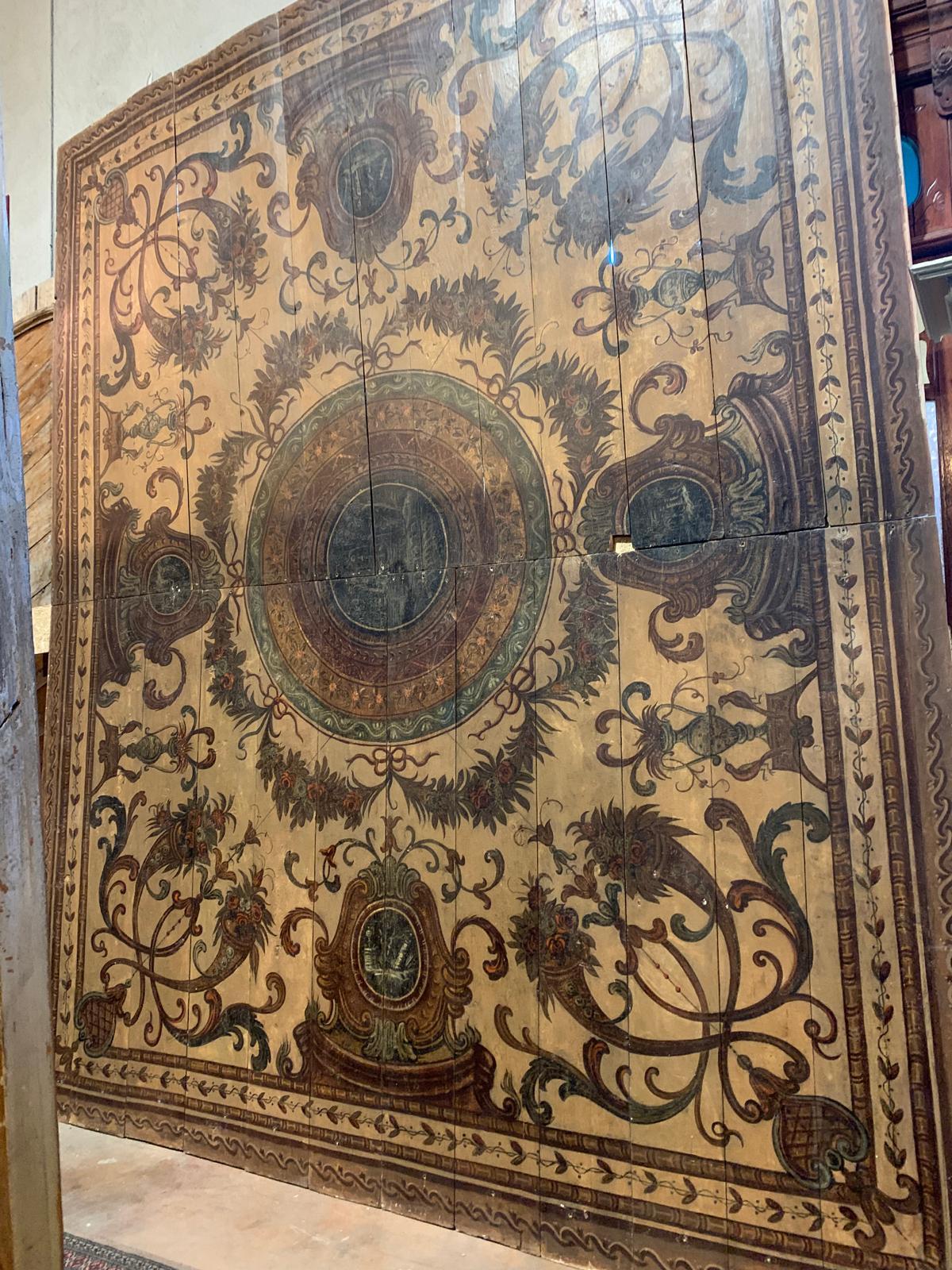 Italian Majestic ceiling with lacquered and painted wooden planks, Italy For Sale