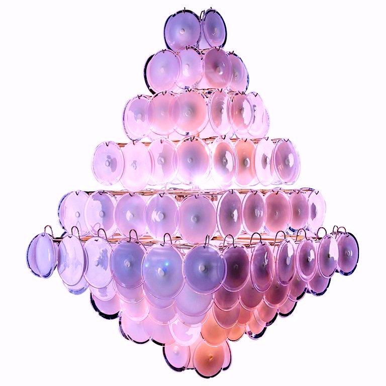 Majestic Chandelier Amethyst or Pink Murano Glass Discs by Gino Vistosi, 1970s For Sale 3