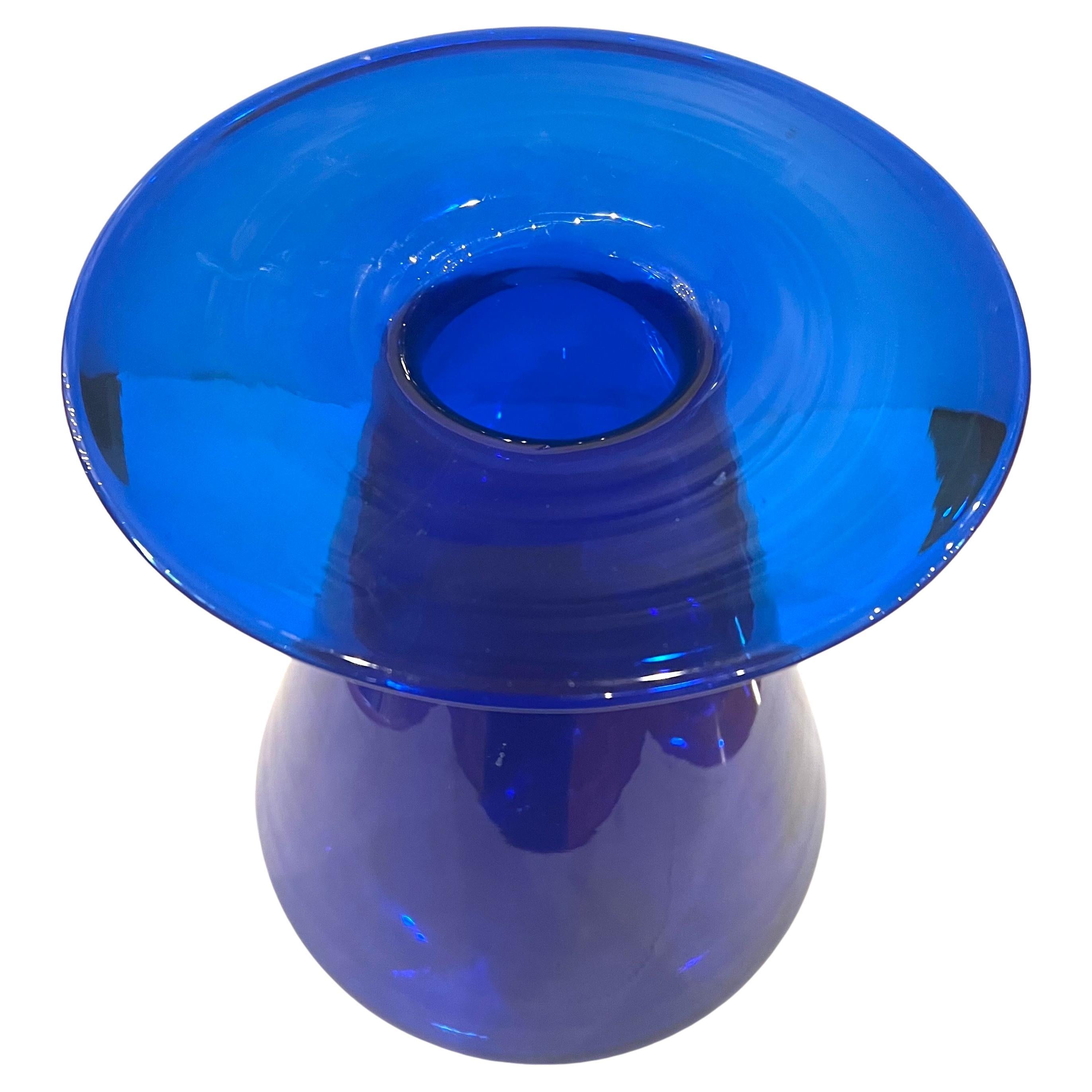 Beautiful modernist cobalt blue flower vase in great condition, no chips or cracks. circa 1980's by Blenko retains label but its worn pontile mark.