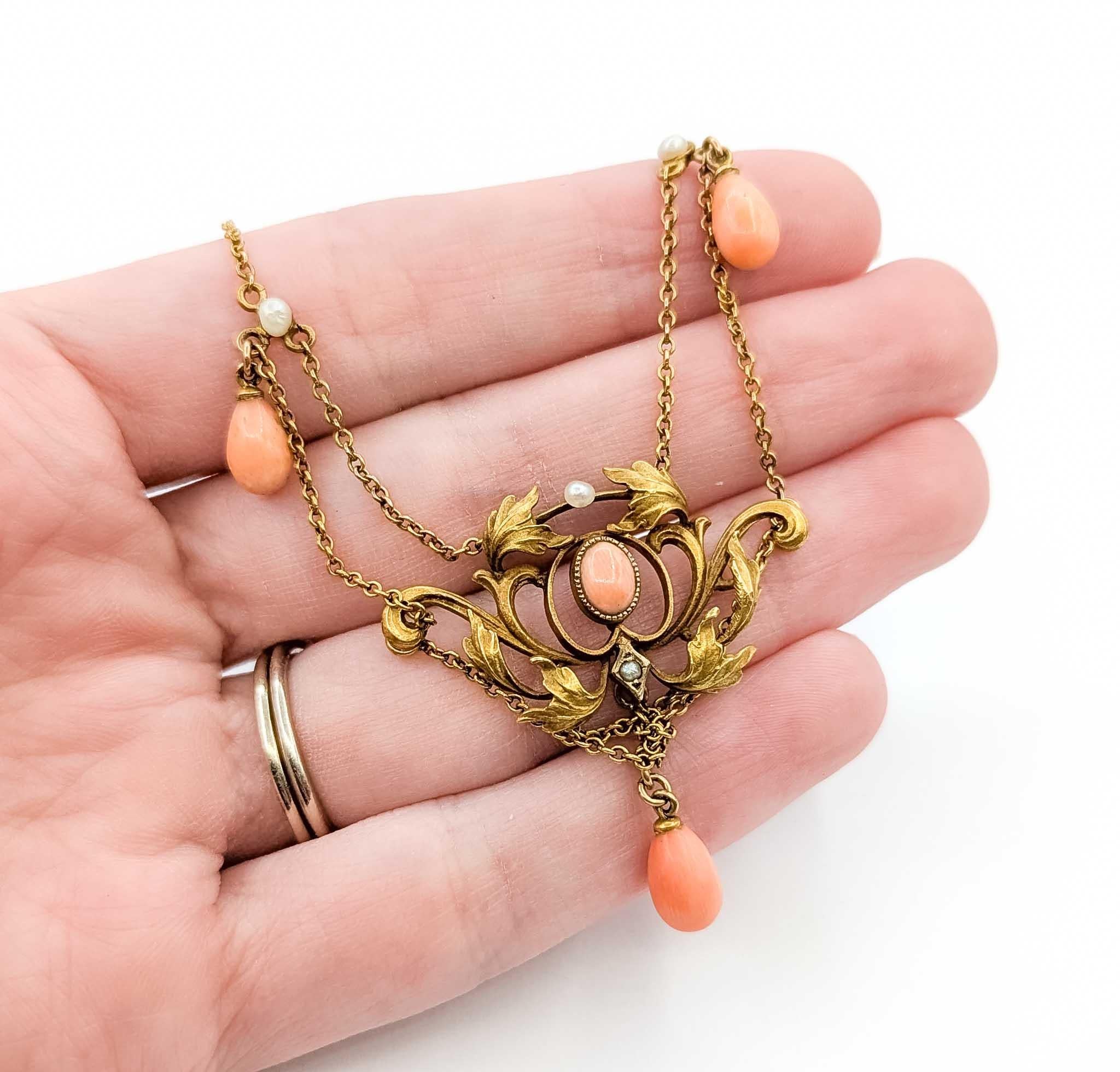 Round Cut Majestic Coral and Seed Pearl 10k Gold Necklace For Sale