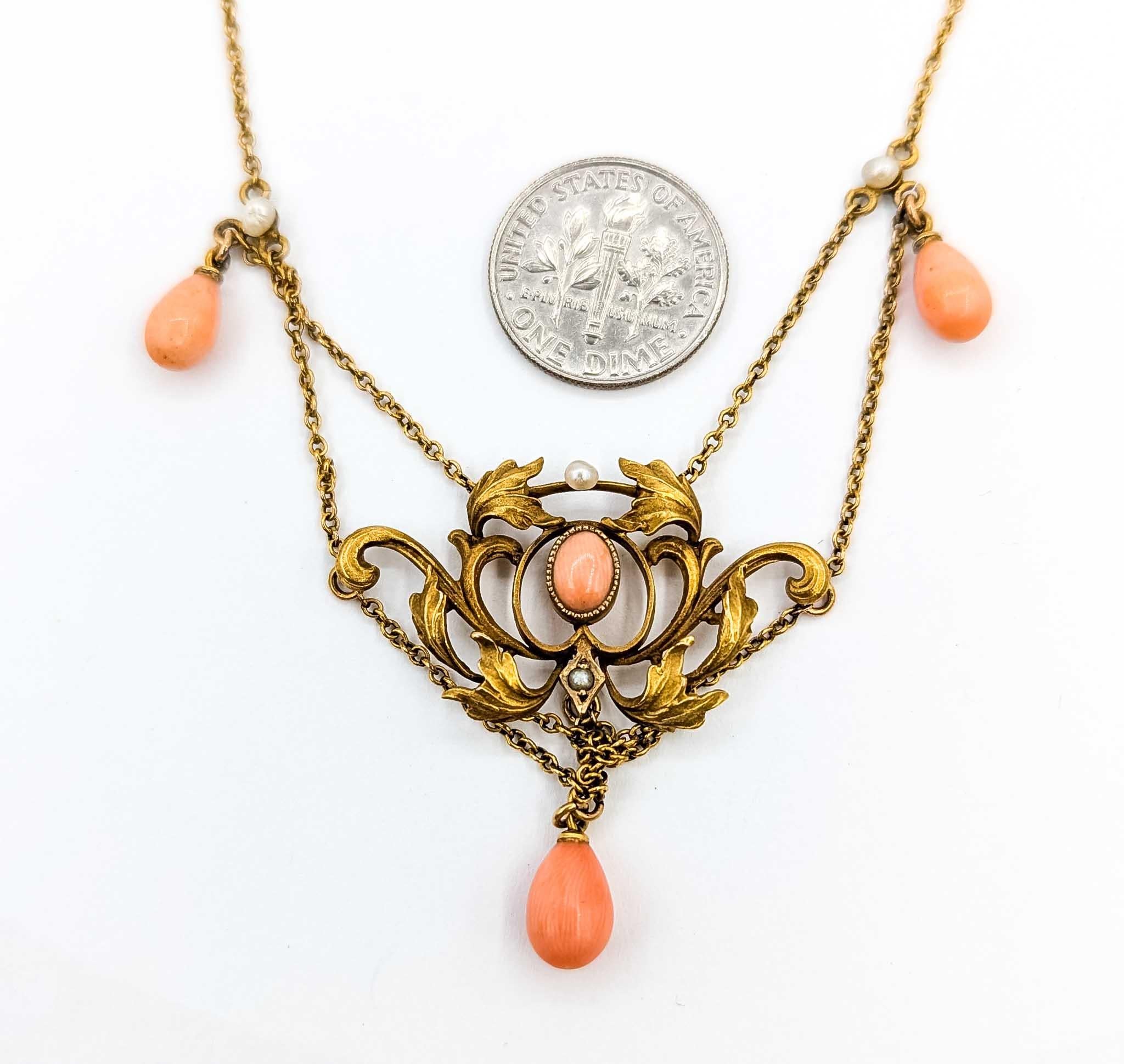 Majestic Coral and Seed Pearl 10k Gold Necklace For Sale 1