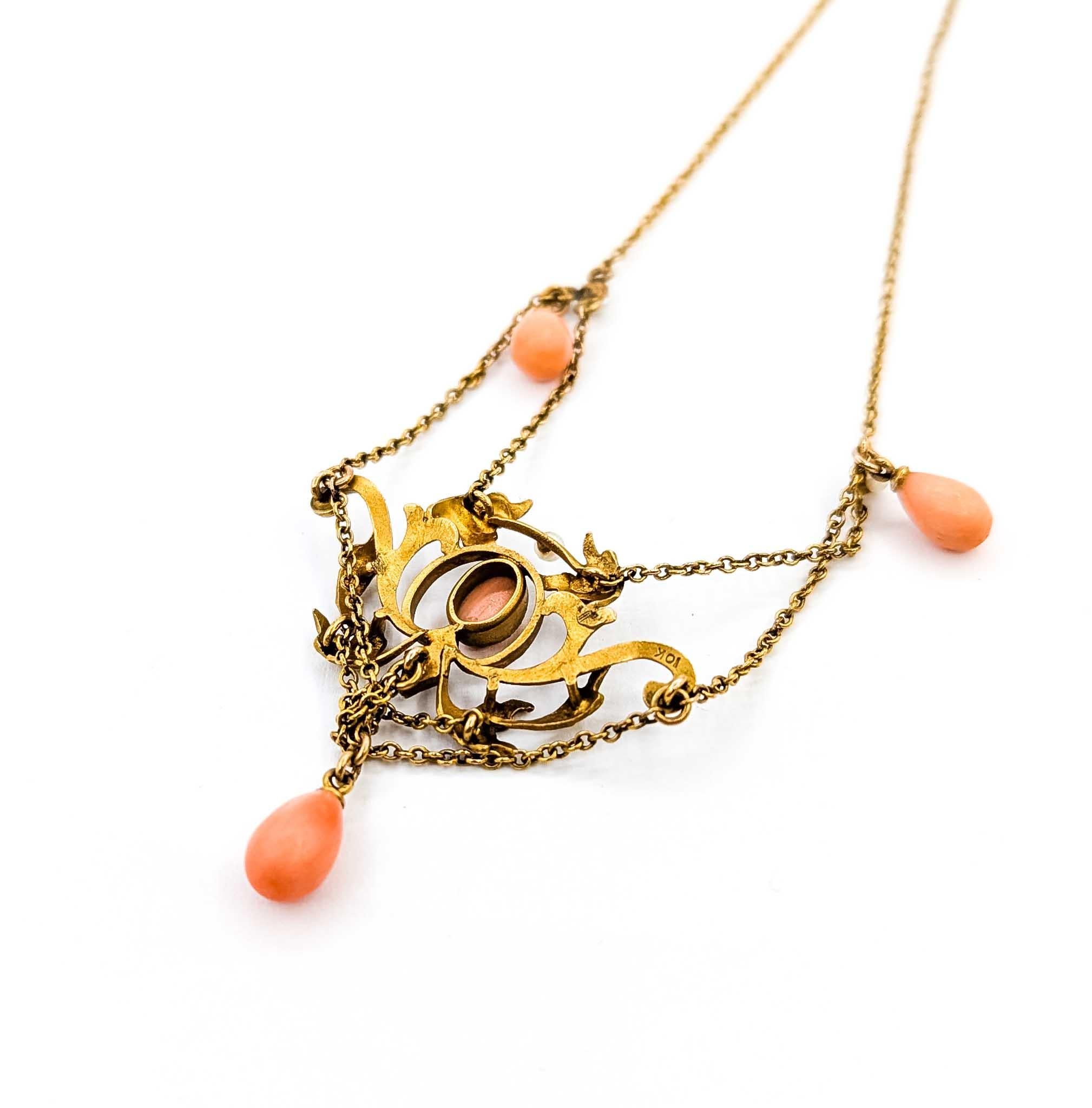 Majestic Coral and Seed Pearl 10k Gold Necklace For Sale 2